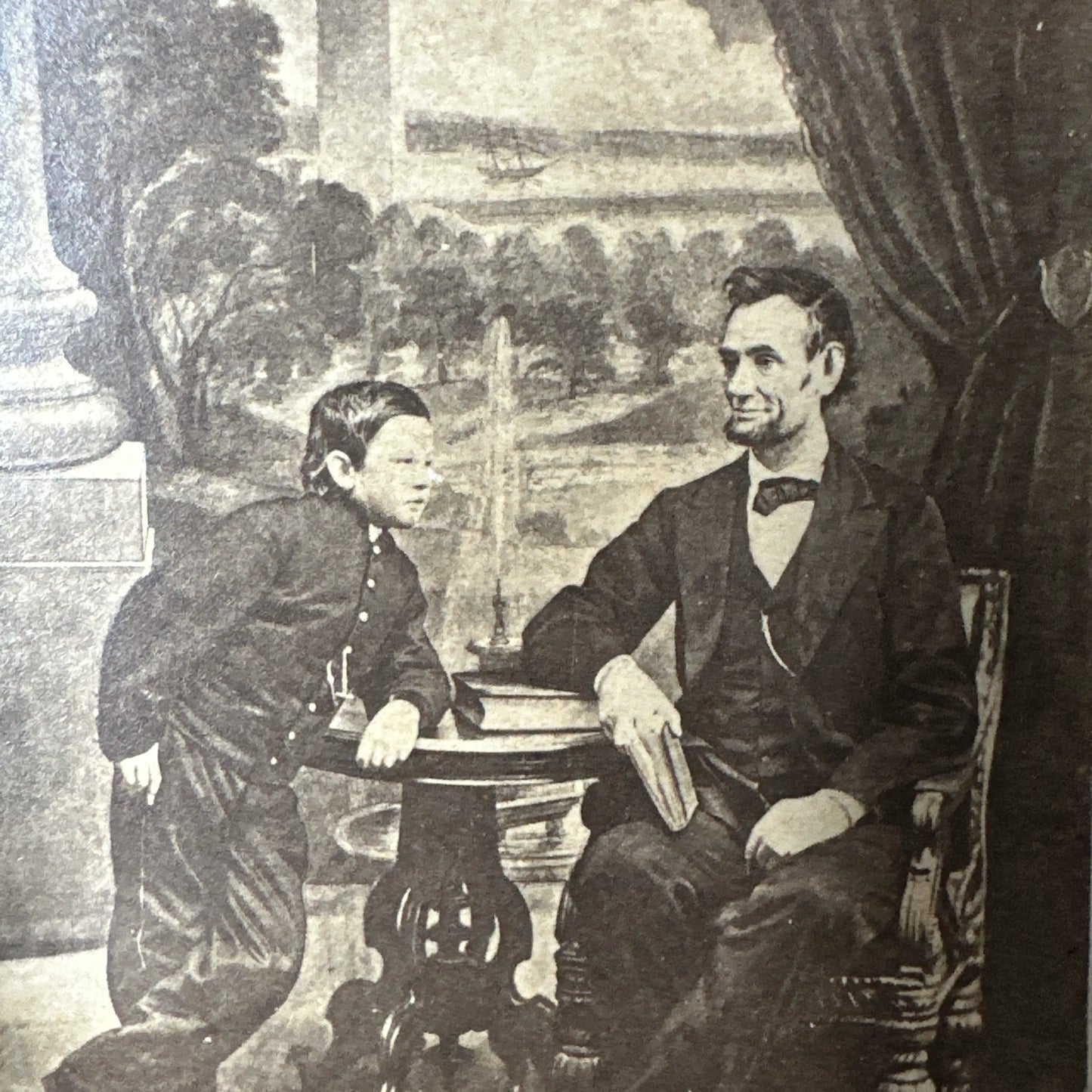 CDV of President Lincoln with Tad —  1865 — In a handmade, solid wood frame