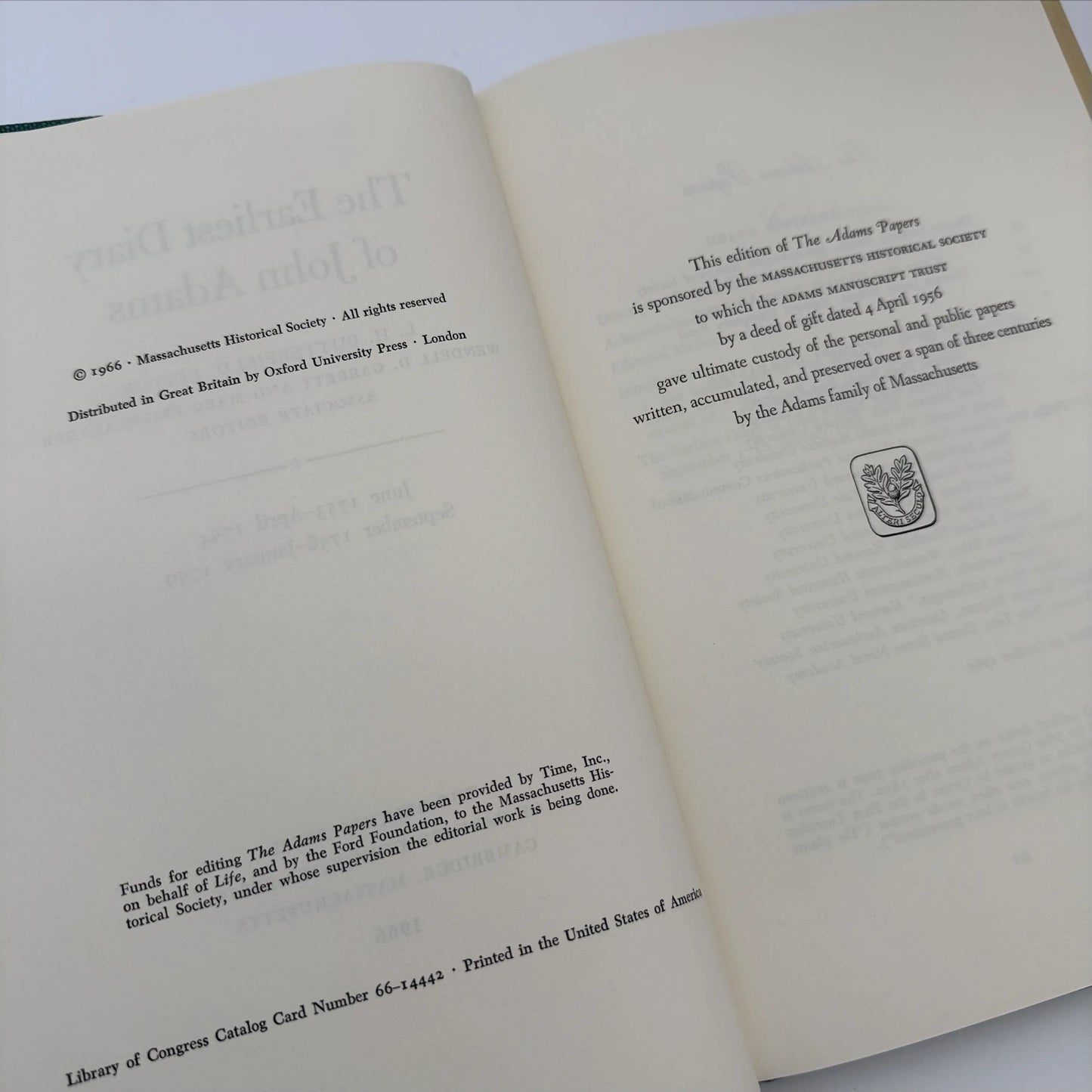"The Adams Papers" — The Earliest Diary of John Adams — From June 1753 to August 1777 — Five volumes