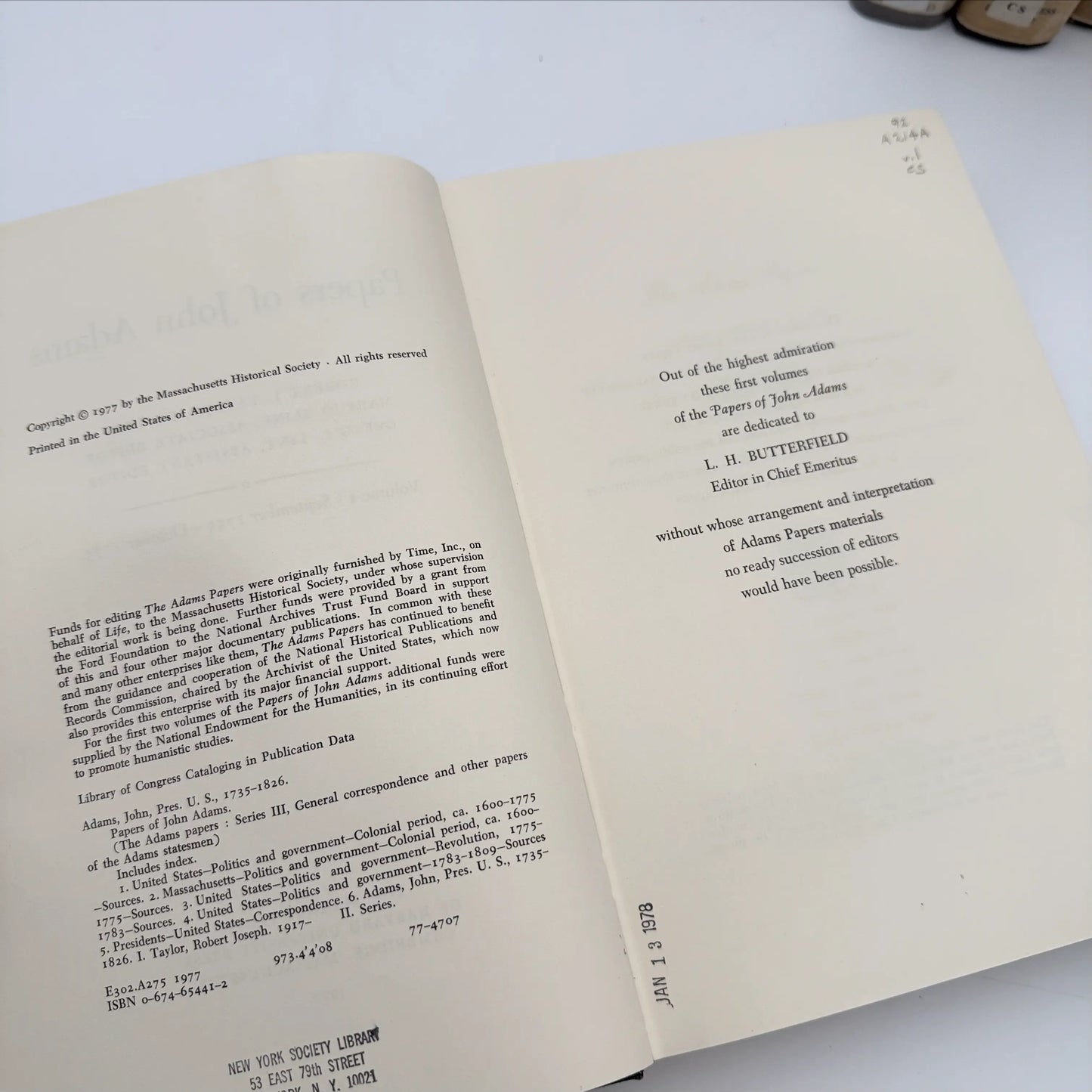 "The Adams Papers" — The Earliest Diary of John Adams — From June 1753 to August 1777 — Five volumes