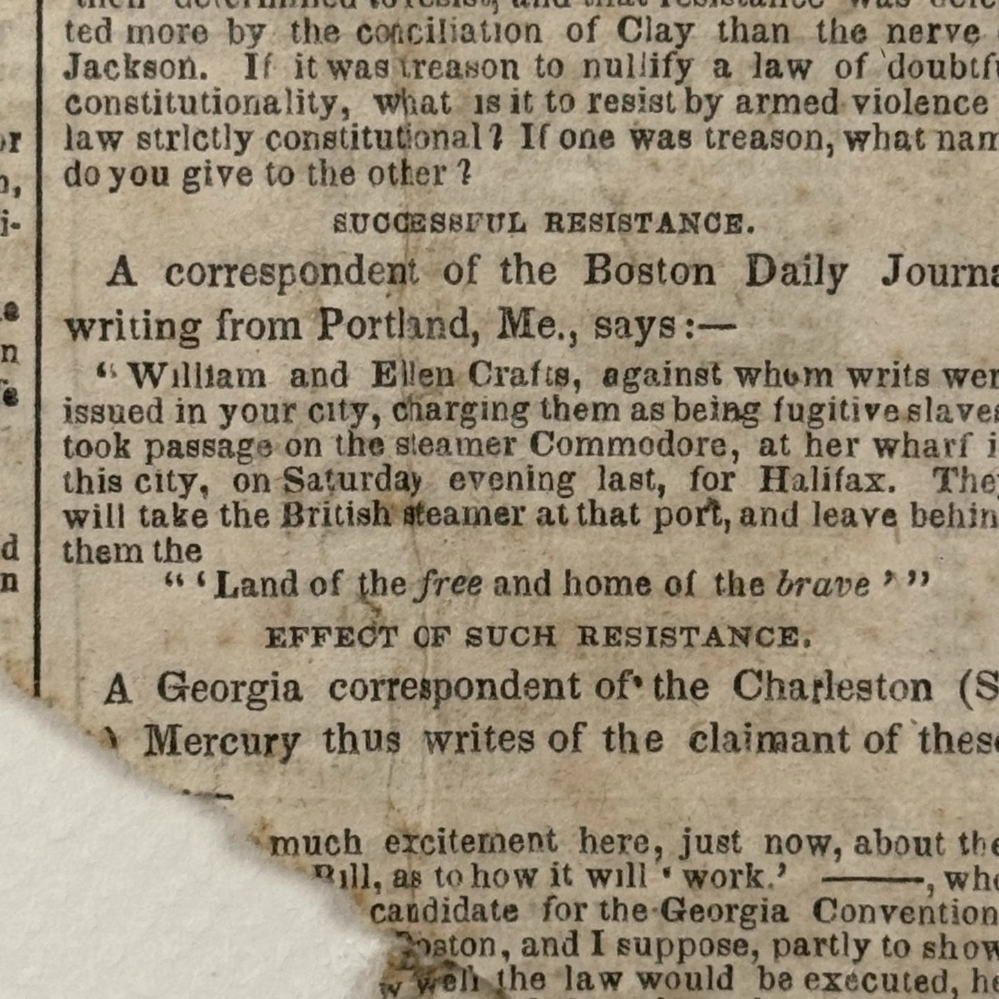 William and Ellen Craft and the Fugitive Slave Act — October (?) 1850 newspaper