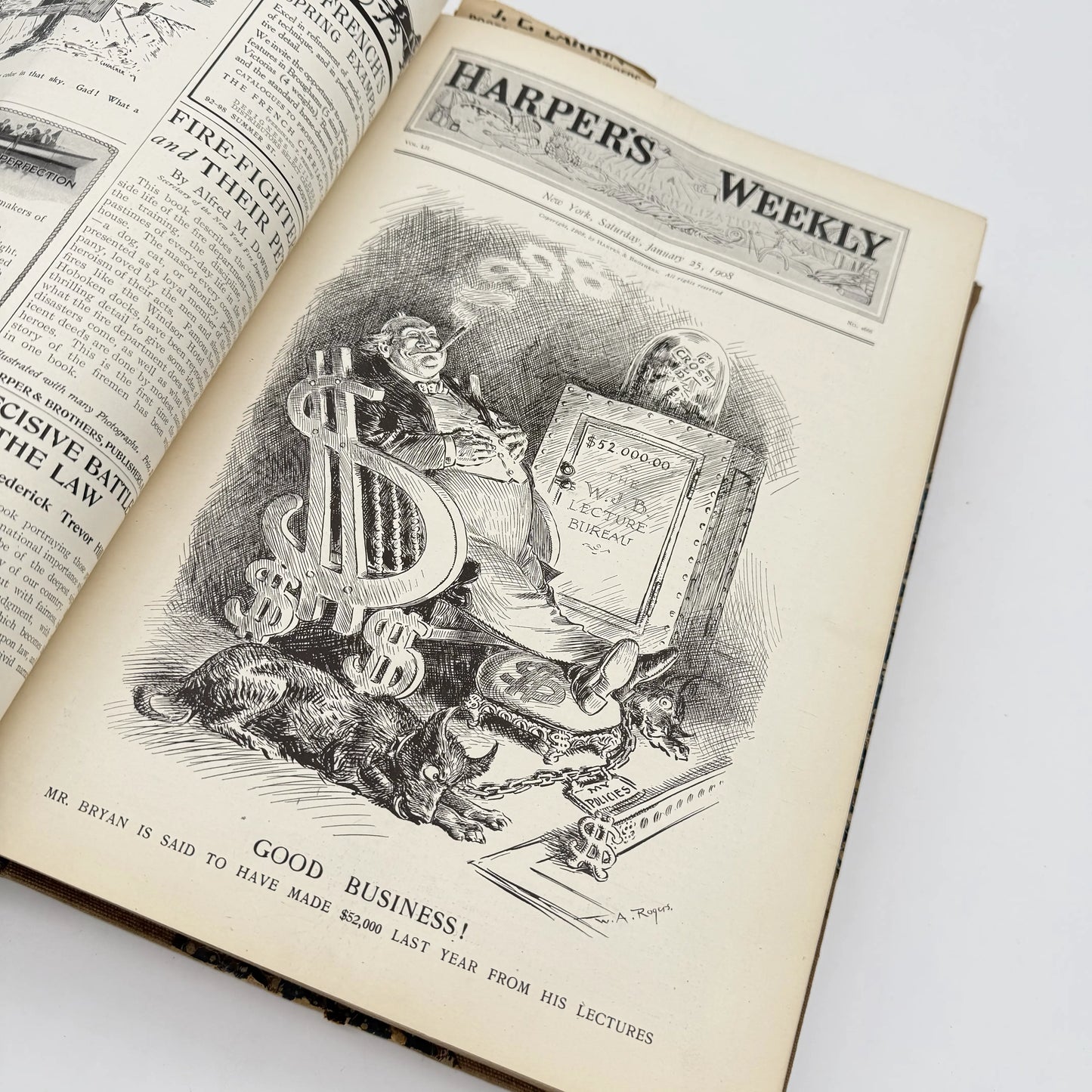 1901 and 1908 bound volumes of "Harper's Weekly" from January to June in a large bound book