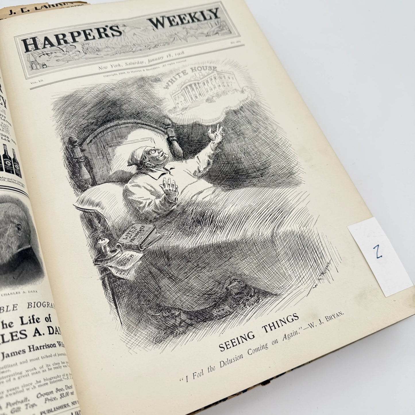 1901 and 1908 bound volumes of "Harper's Weekly" from January to June in a large bound book