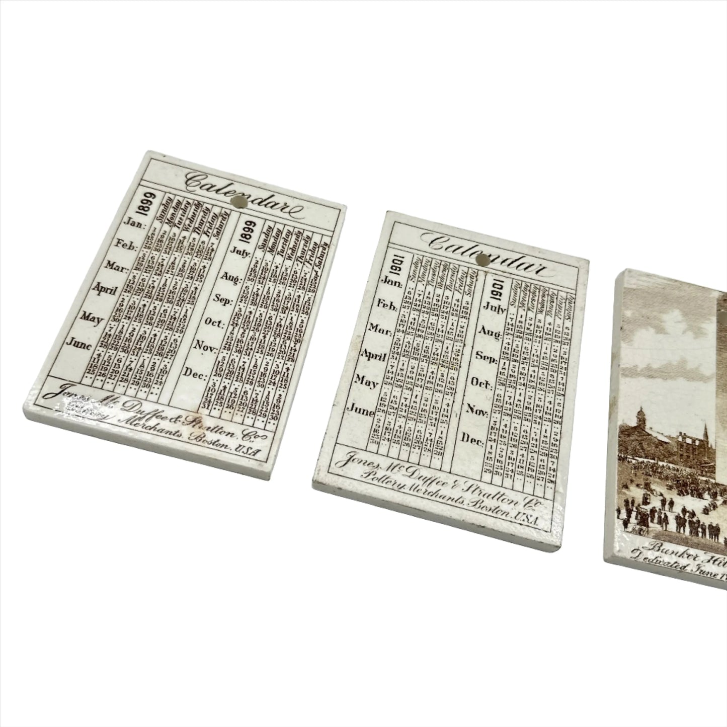 1899 and 1901 Calendar Tiles with Historic Scenes of Bunker Hill and the Washington Elm