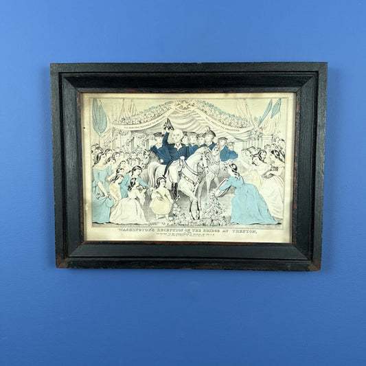 "Washington's Reception at the Bridge at Trenton" — Hand colored — In an antique frame