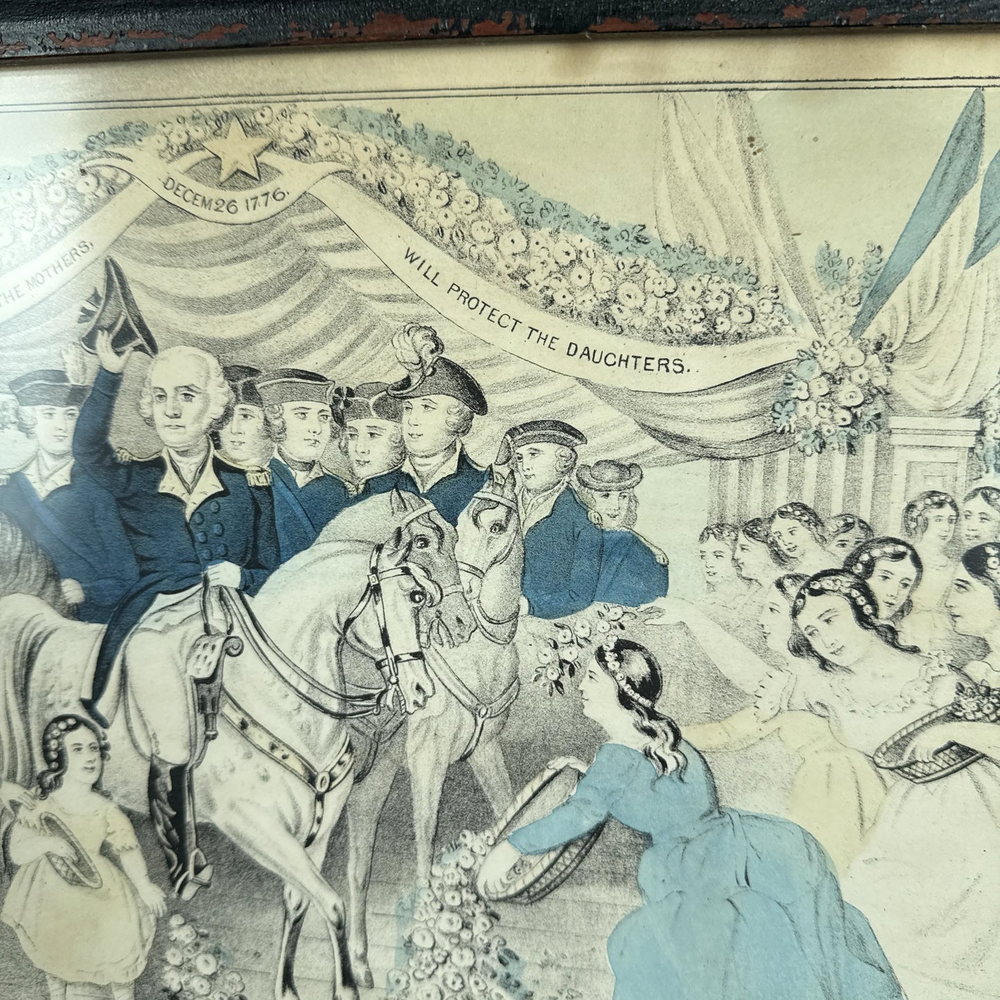 "Washington's Reception at the Bridge at Trenton" — Hand colored — In an antique frame