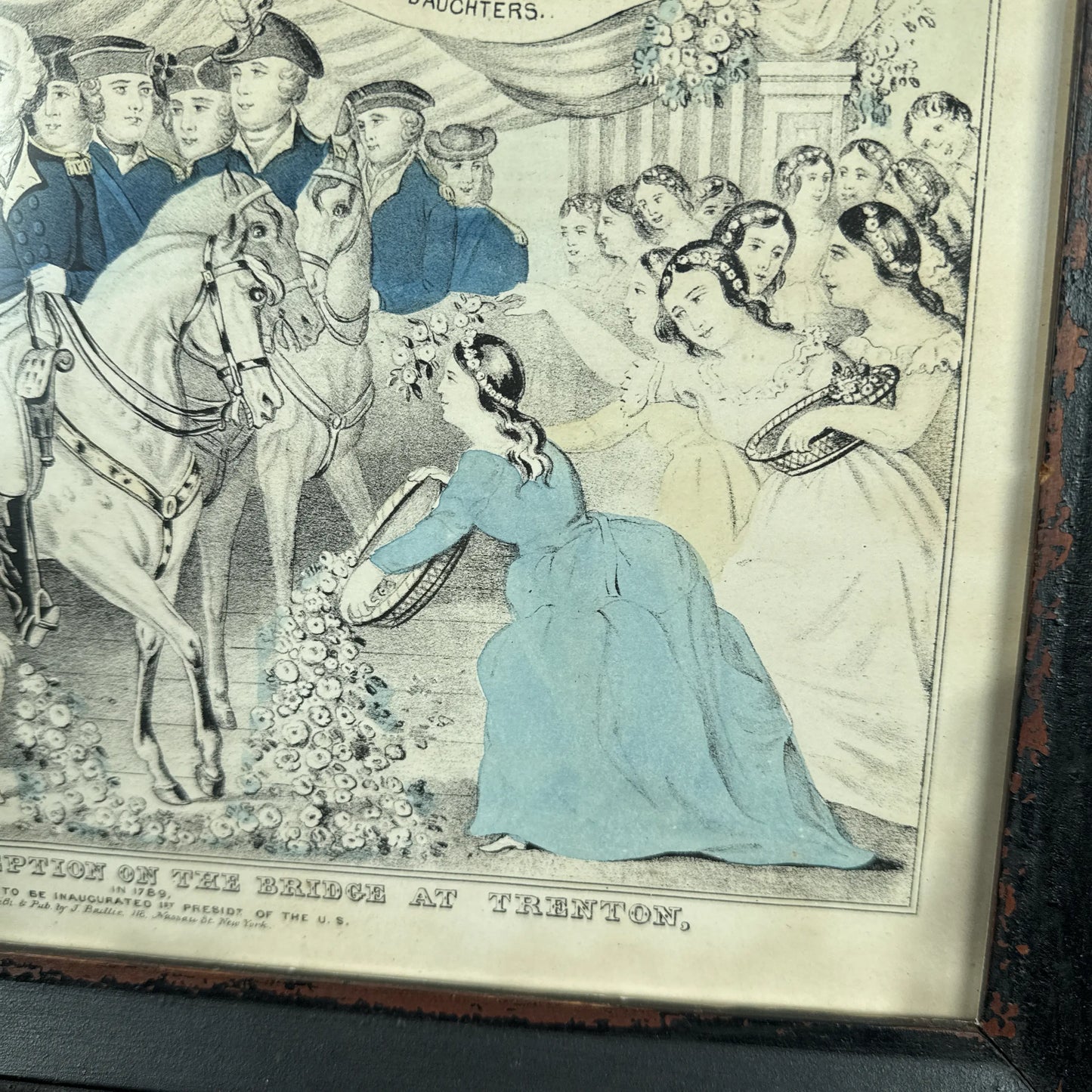 "Washington's Reception at the Bridge at Trenton" — Hand colored — In an antique frame