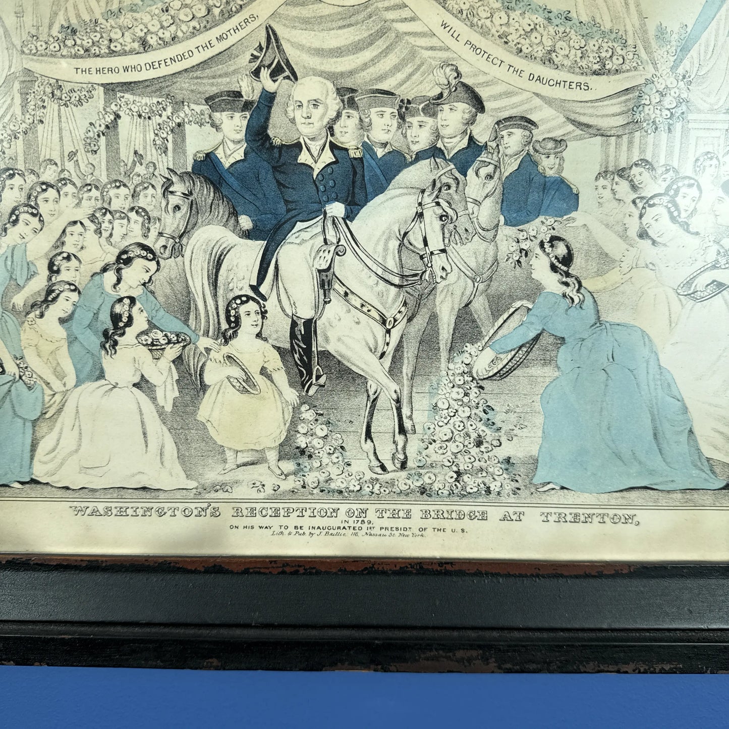 "Washington's Reception at the Bridge at Trenton" — Hand colored — In an antique frame