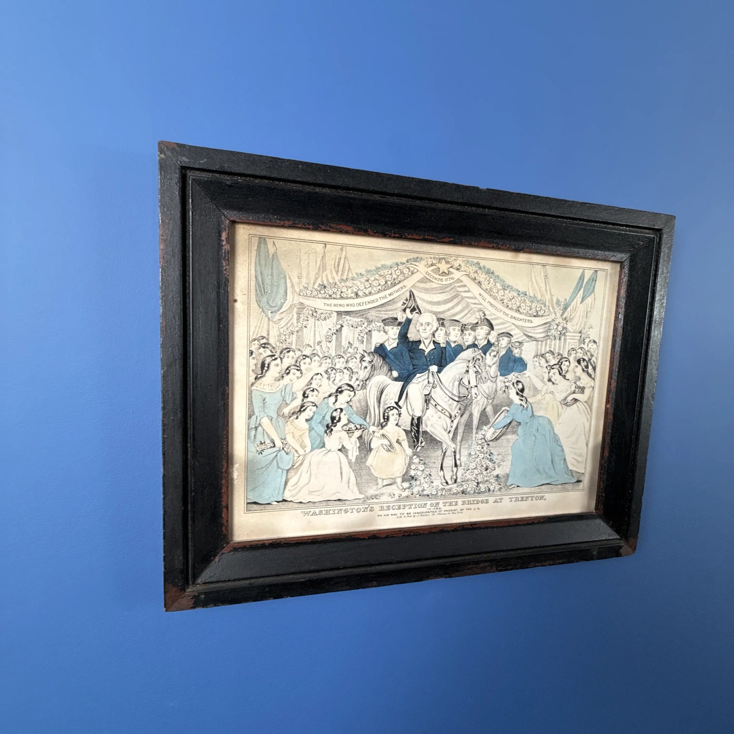 "Washington's Reception at the Bridge at Trenton" — Hand colored — In an antique frame