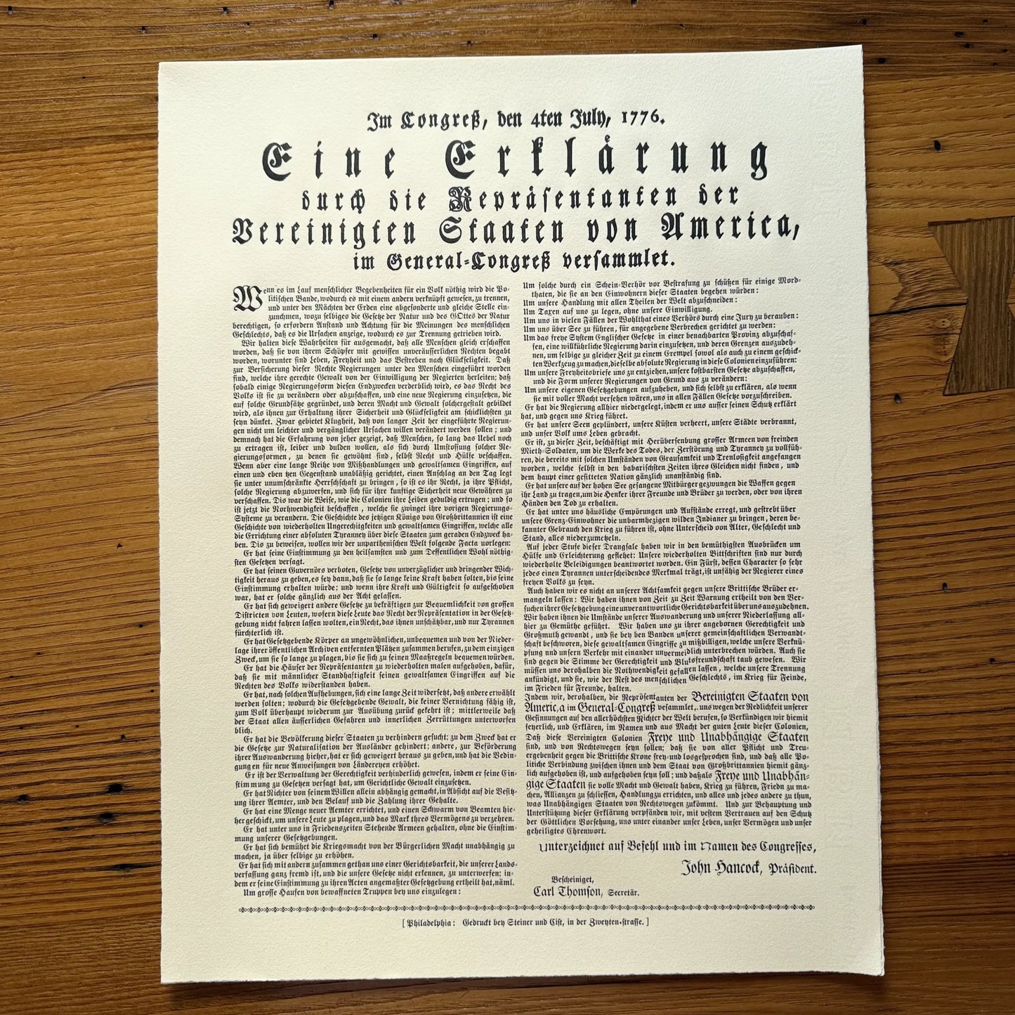 "Declaration of Independence" in German from the Printing Office of Edes & Gill in Boston