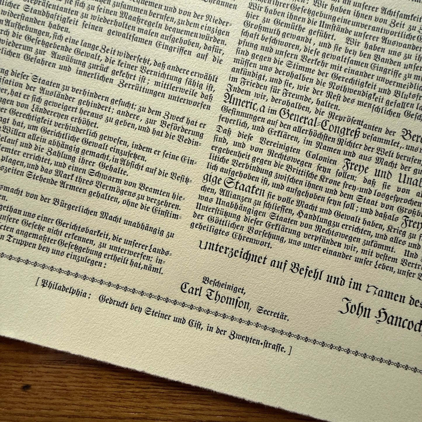 "Declaration of Independence" in German from the Printing Office of Edes & Gill in Boston