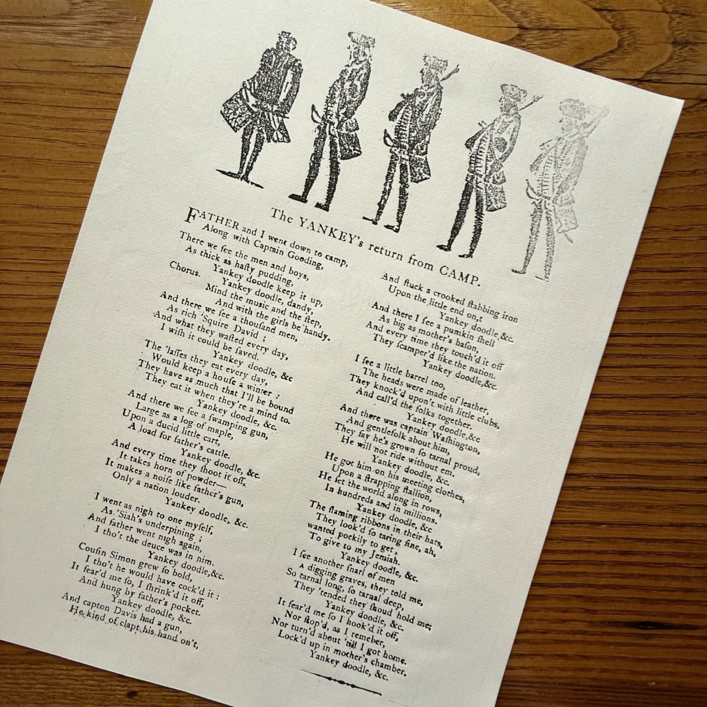 "The Yankee’s Return from Camp" — Song lyrics — Broadside reproduction from The Printing Office of Edes & Gill in Boston