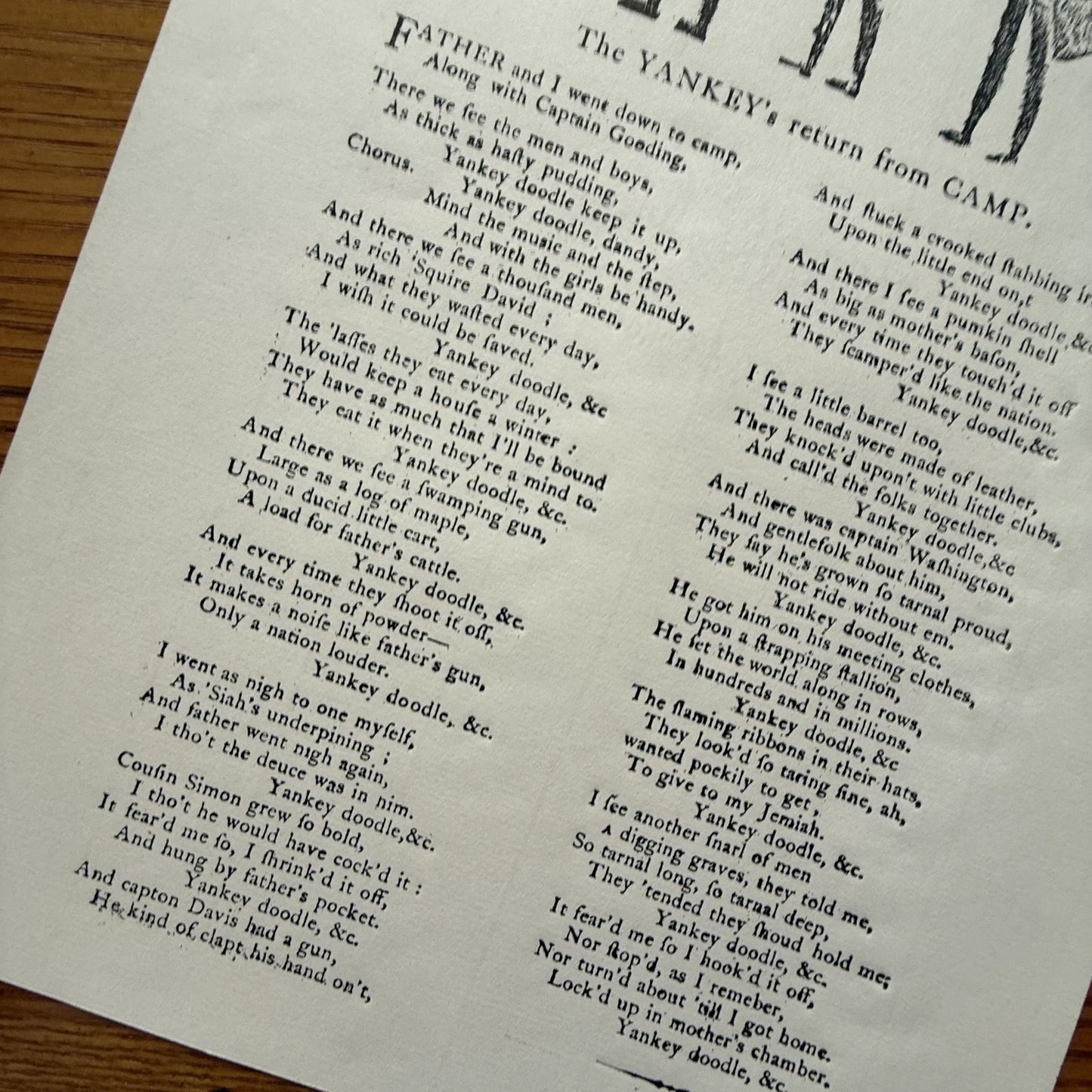 "The Yankee’s Return from Camp" — Song lyrics — Broadside reproduction from The Printing Office of Edes & Gill in Boston