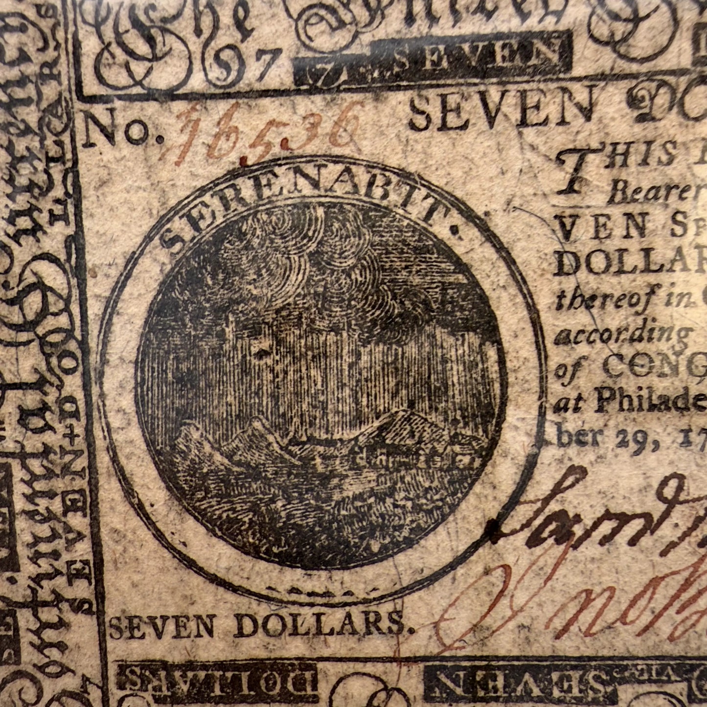 Colonial Currency — Philadelphia — November 29, 1775 — Seven Dollars — Signed by Samuel Morris and John Bayard