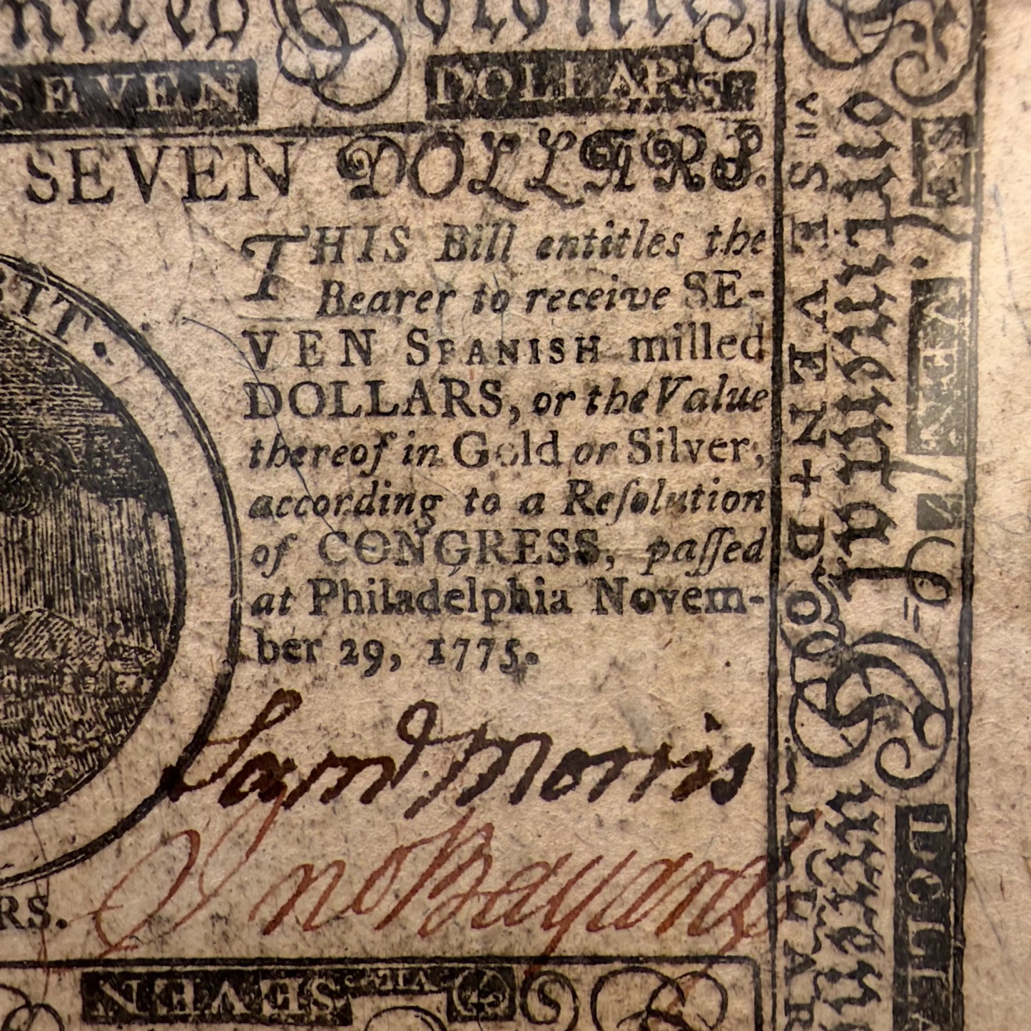 Colonial Currency — Philadelphia — November 29, 1775 — Seven Dollars — Signed by Samuel Morris and John Bayard