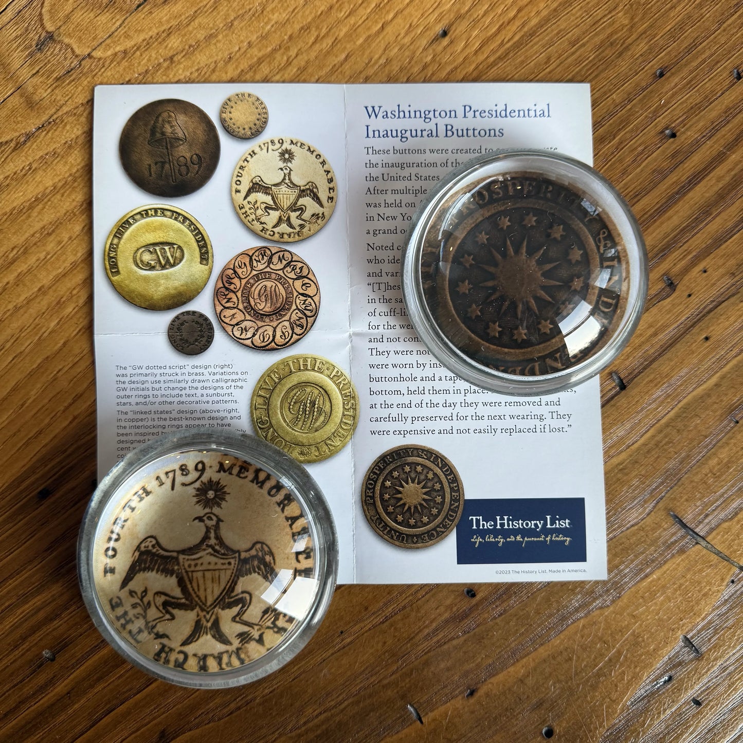 Washington Inaugural Button Glass Paperweights — Four designs — All Made in America