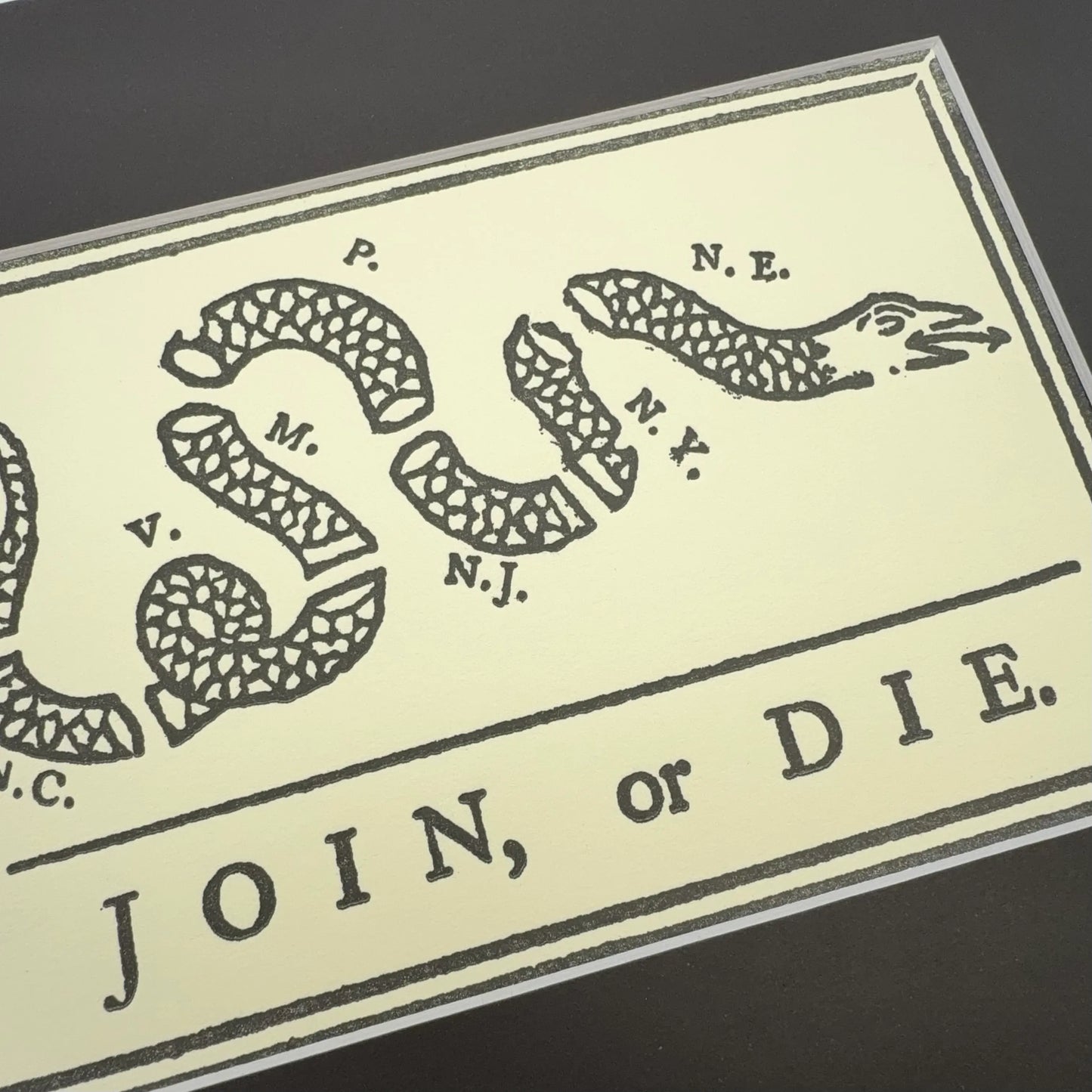 "Join or Die" Framed print of 1754 political cartoon created by Benjamin Franklin published in the Pennsylvania Gazette