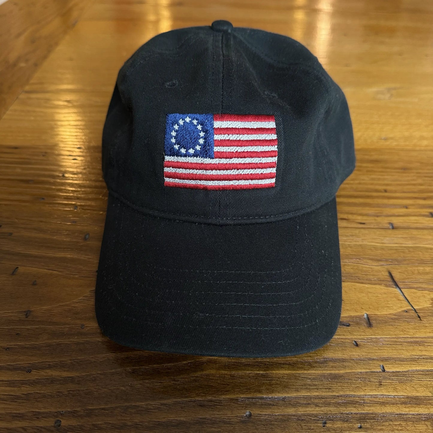 Embroidered "Betsy Ross Flag — July 4, 1776" cap — Black