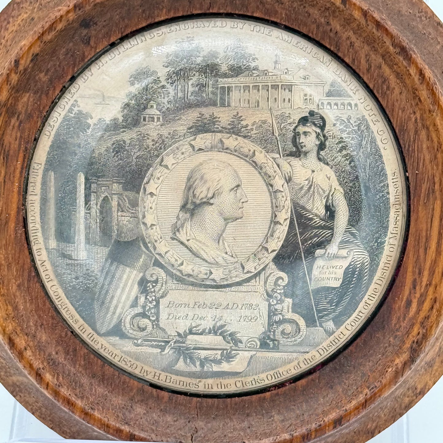 Memorial Engraving of George Washington and Mount Vernon — 1859 — Framed