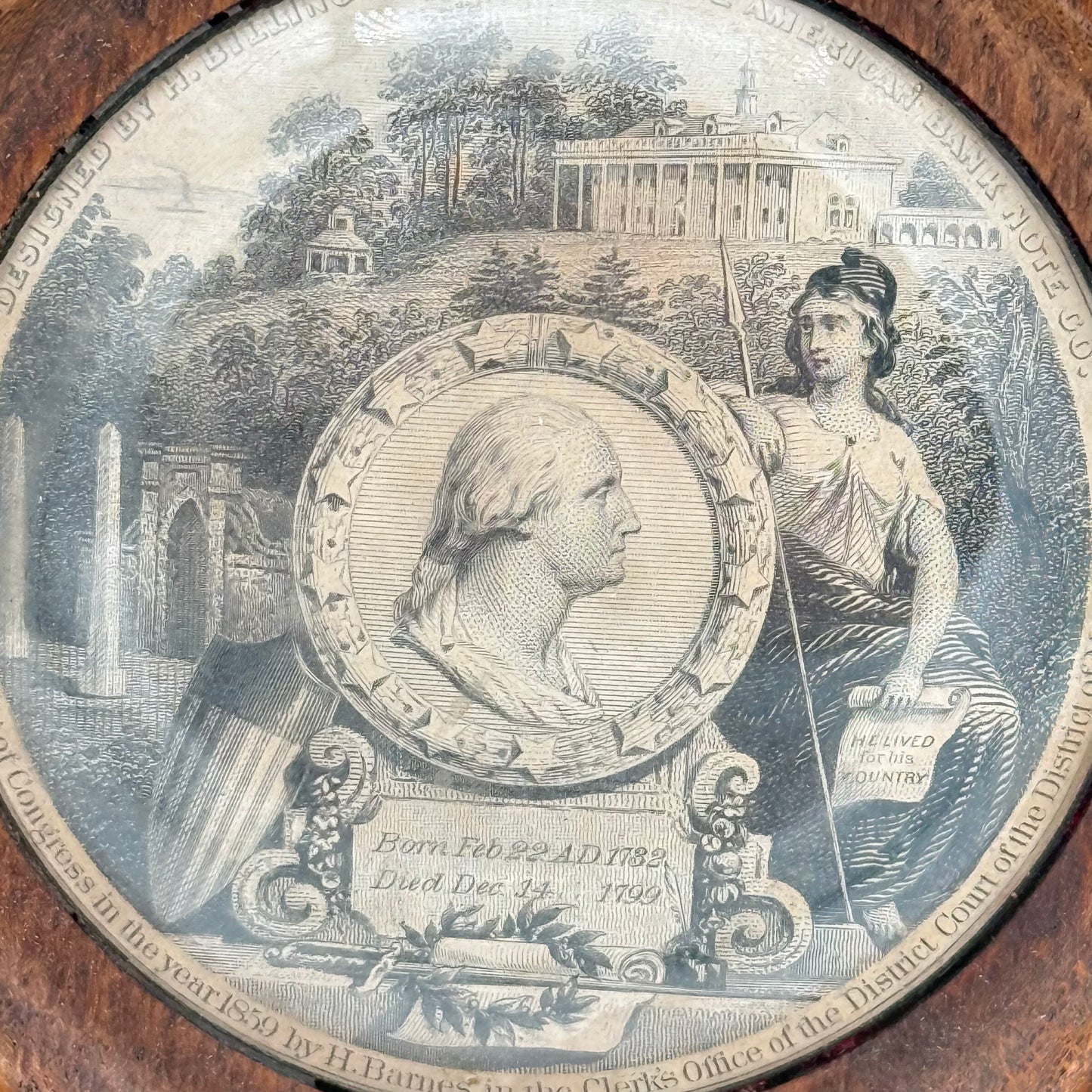 Memorial Engraving of George Washington and Mount Vernon — 1859 — Framed