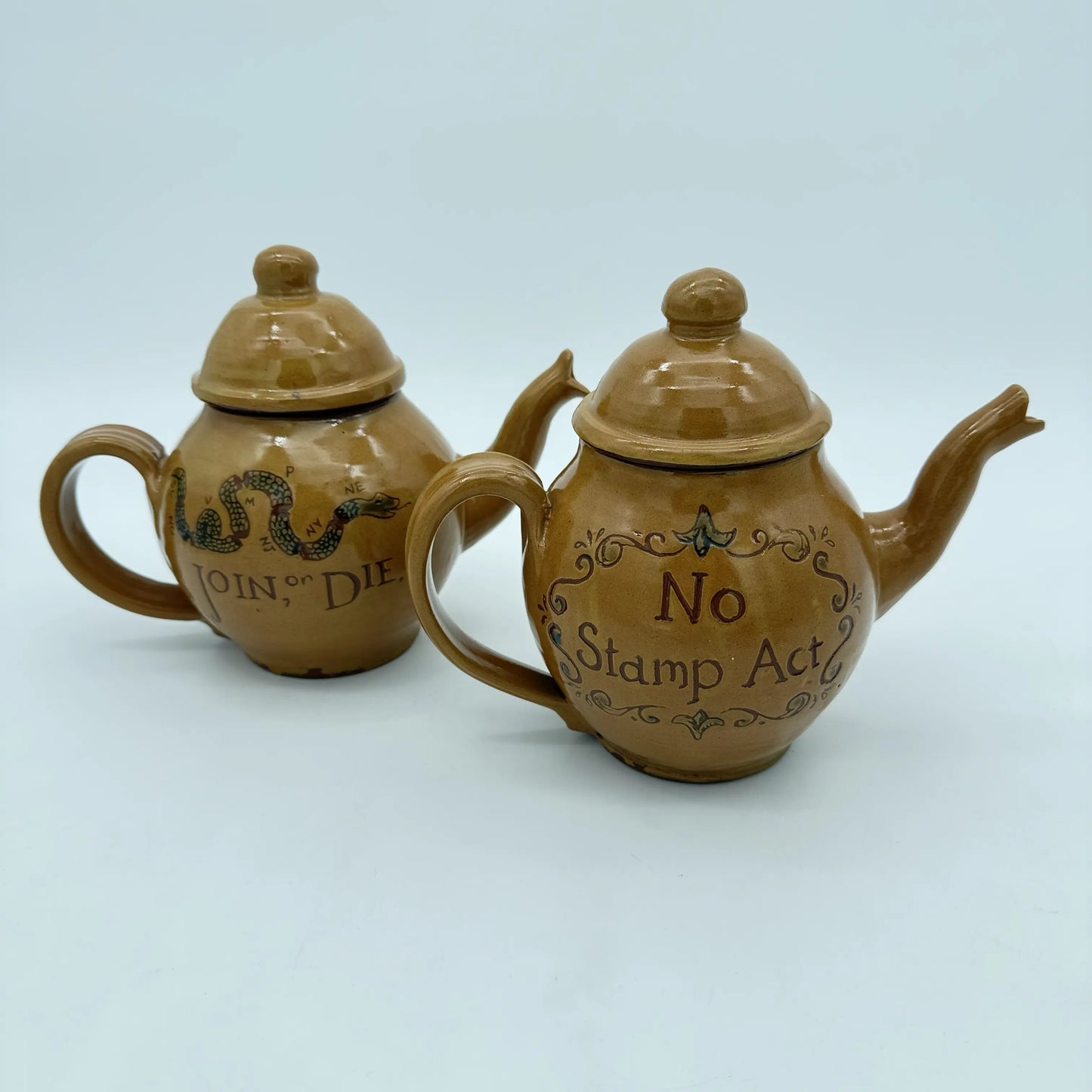 Revolutionary Teapots — "Join or Die" or "No Stamp Act" — Traditional redware made by hand in New England