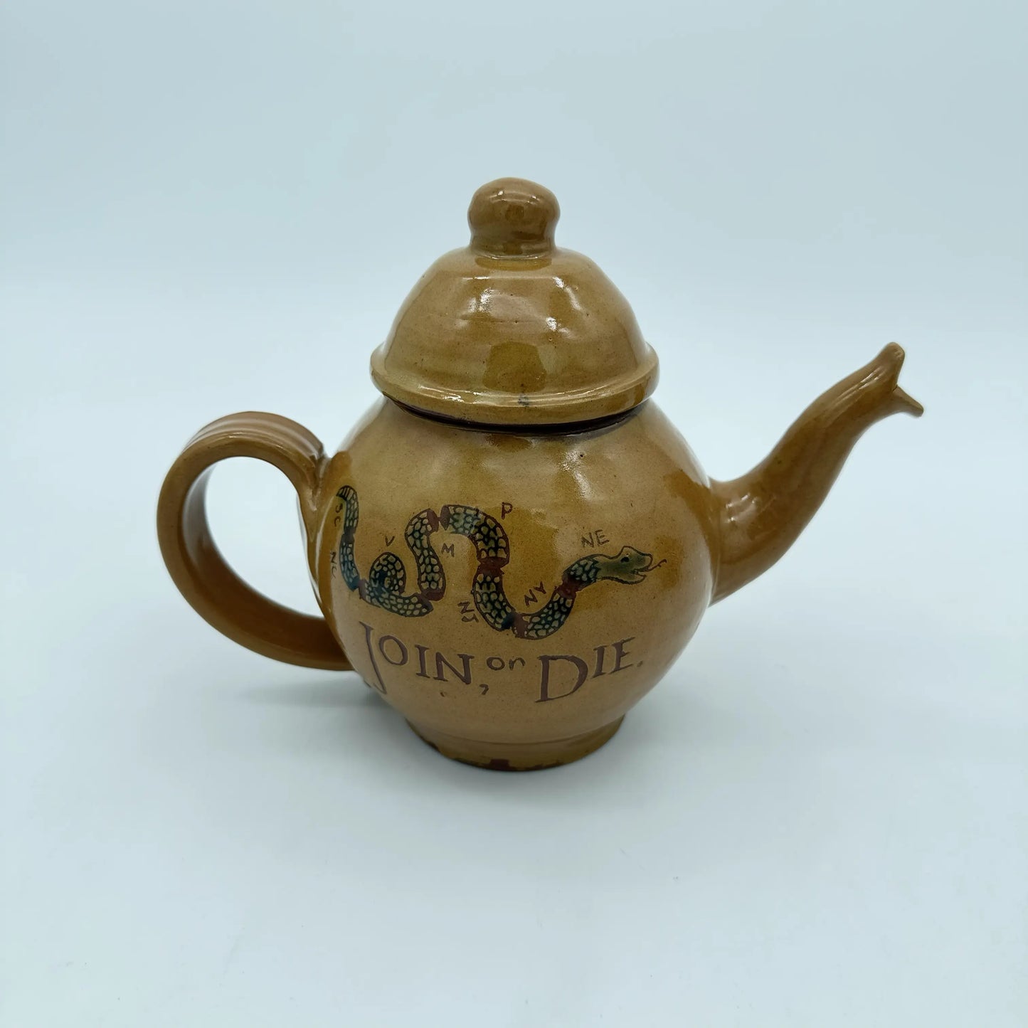 Revolutionary Teapots — "Join or Die" or "No Stamp Act" — Traditional redware made by hand in New England