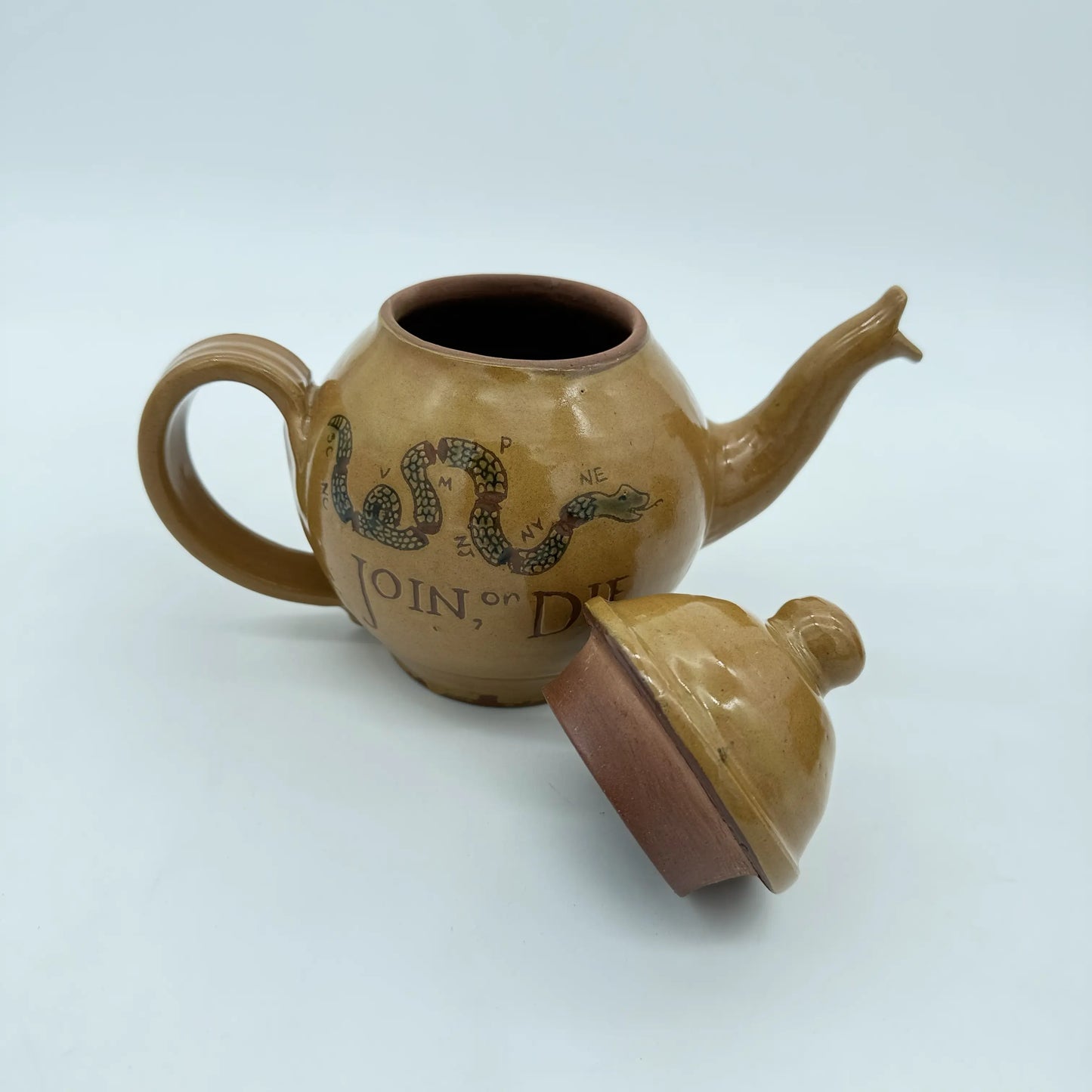 Revolutionary Teapots — "Join or Die" or "No Stamp Act" — Traditional redware made by hand in New England