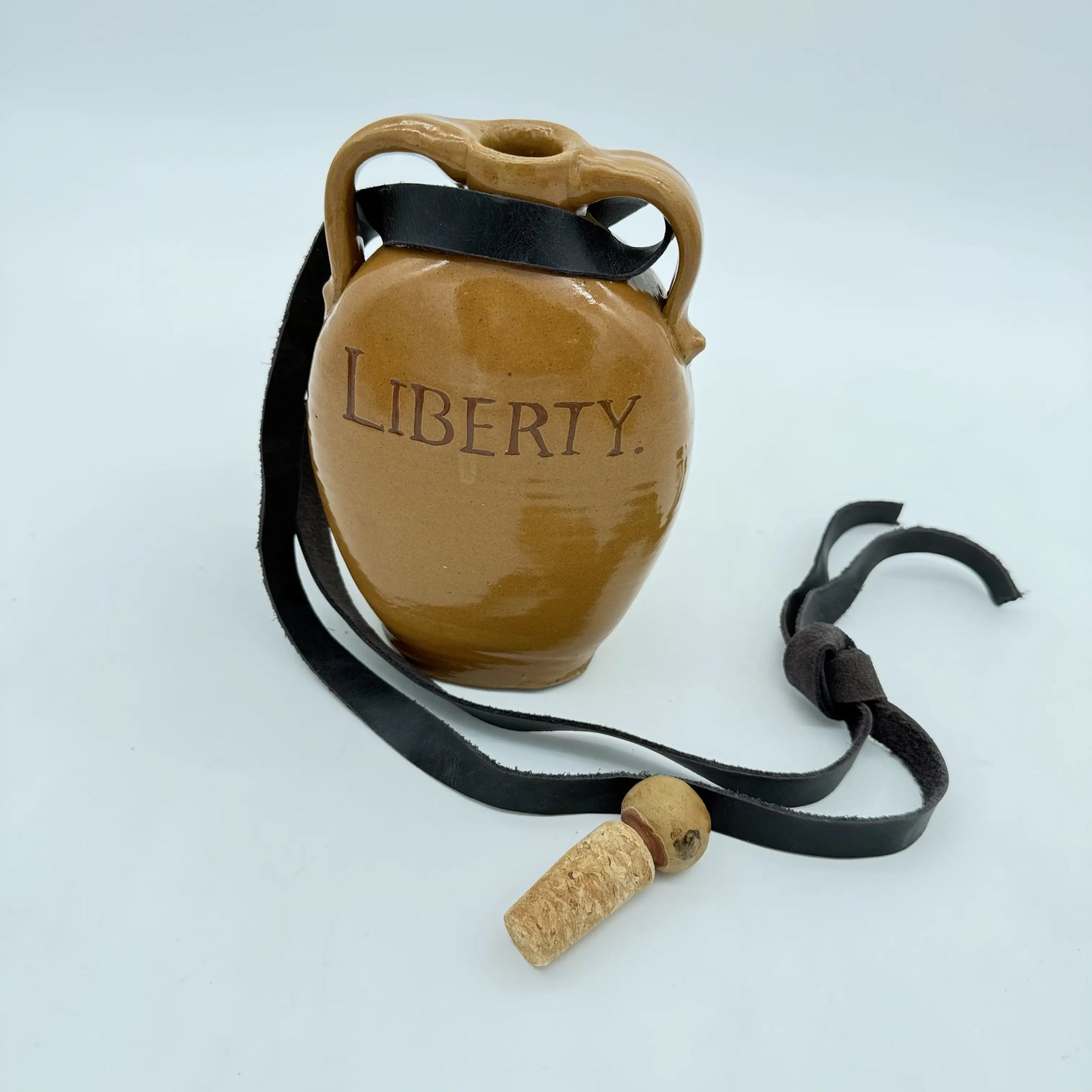 "Liberty" Flask with black leather strap — Traditional redware made by hand in New England