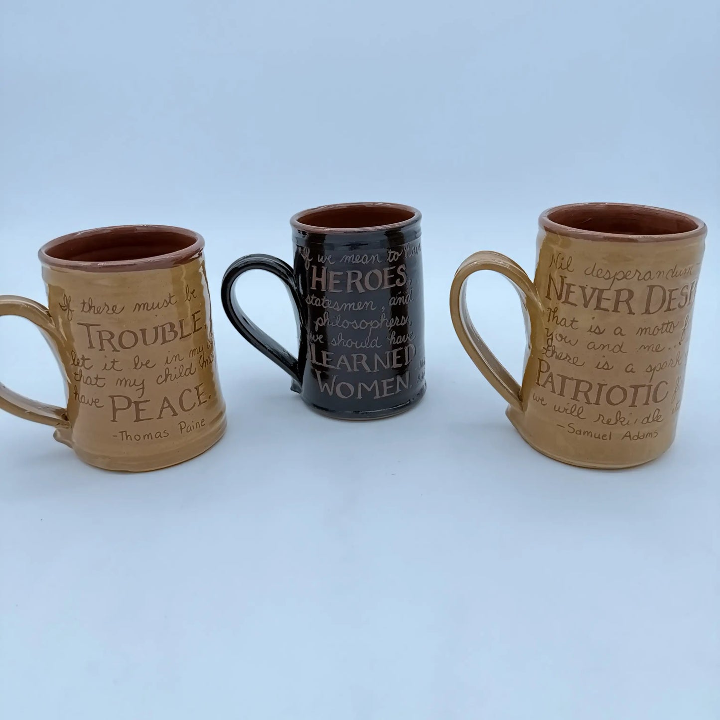 Quotation Tavern Mugs — Abigail Adams, Samuel Adams, or Thomas Paine — Traditional redware made by hand in America