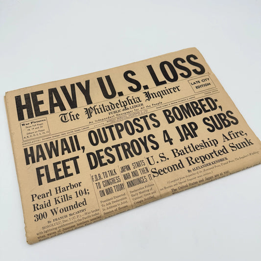 Pearl Harbor attack newspaper: Philadelphia Inquirer - December 8, 1941