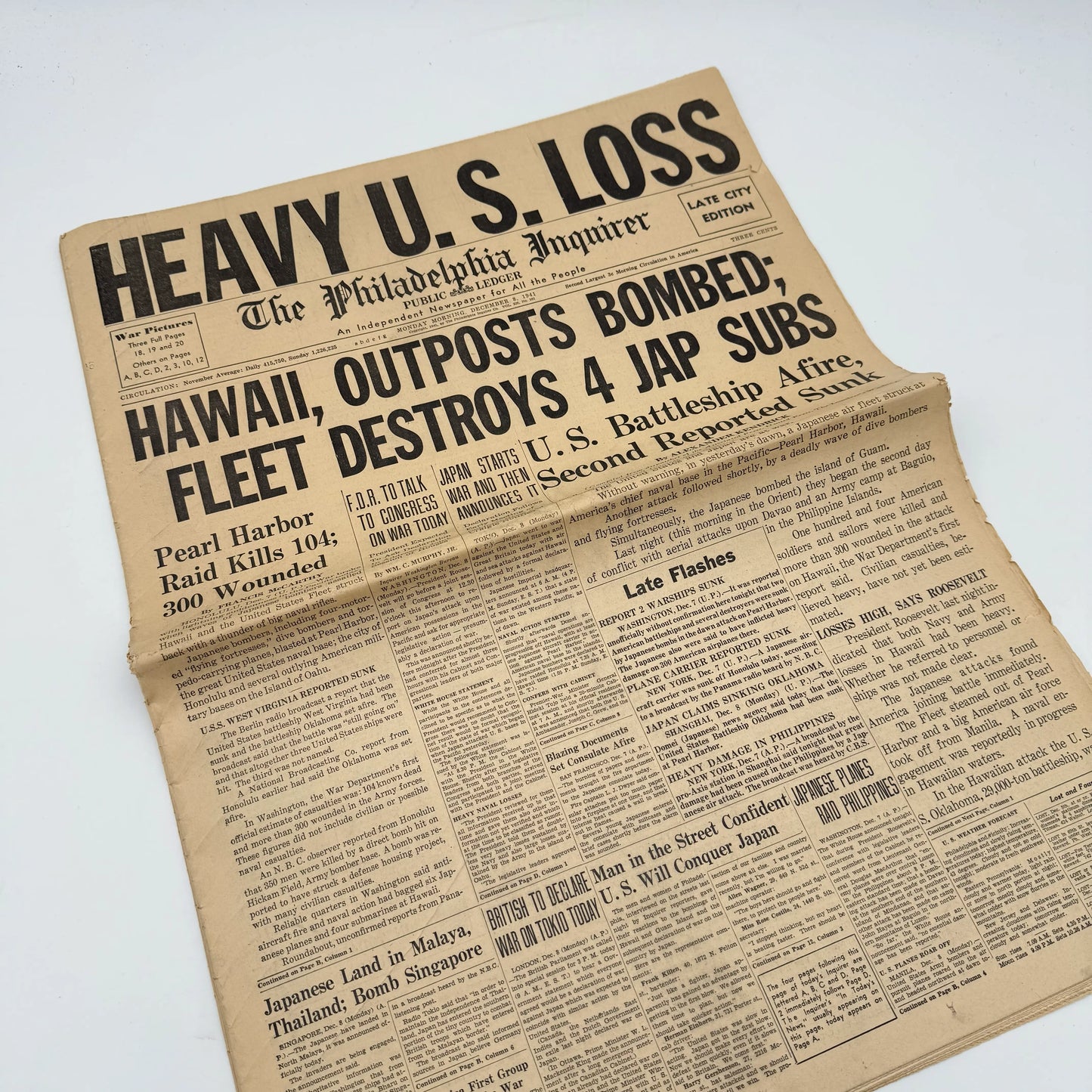 Pearl Harbor attack newspaper: Philadelphia Inquirer - December 8, 1941