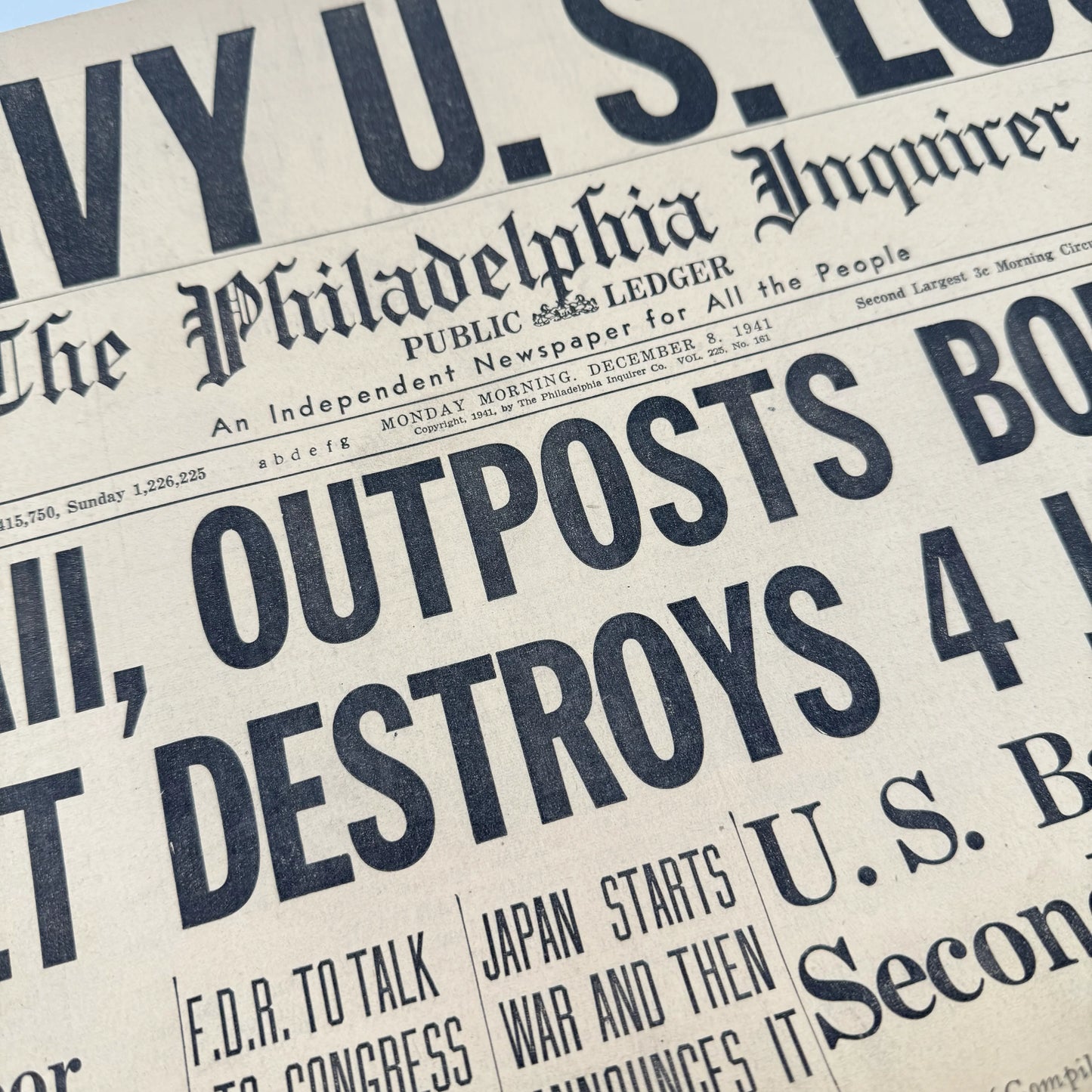 Pearl Harbor attack newspaper: Philadelphia Inquirer - December 8, 1941