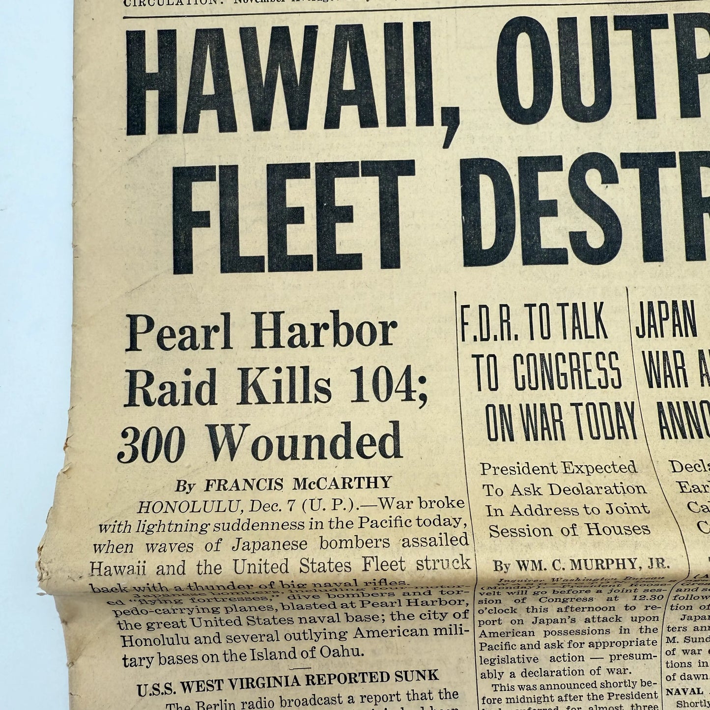 Pearl Harbor attack newspaper: Philadelphia Inquirer - December 8, 1941