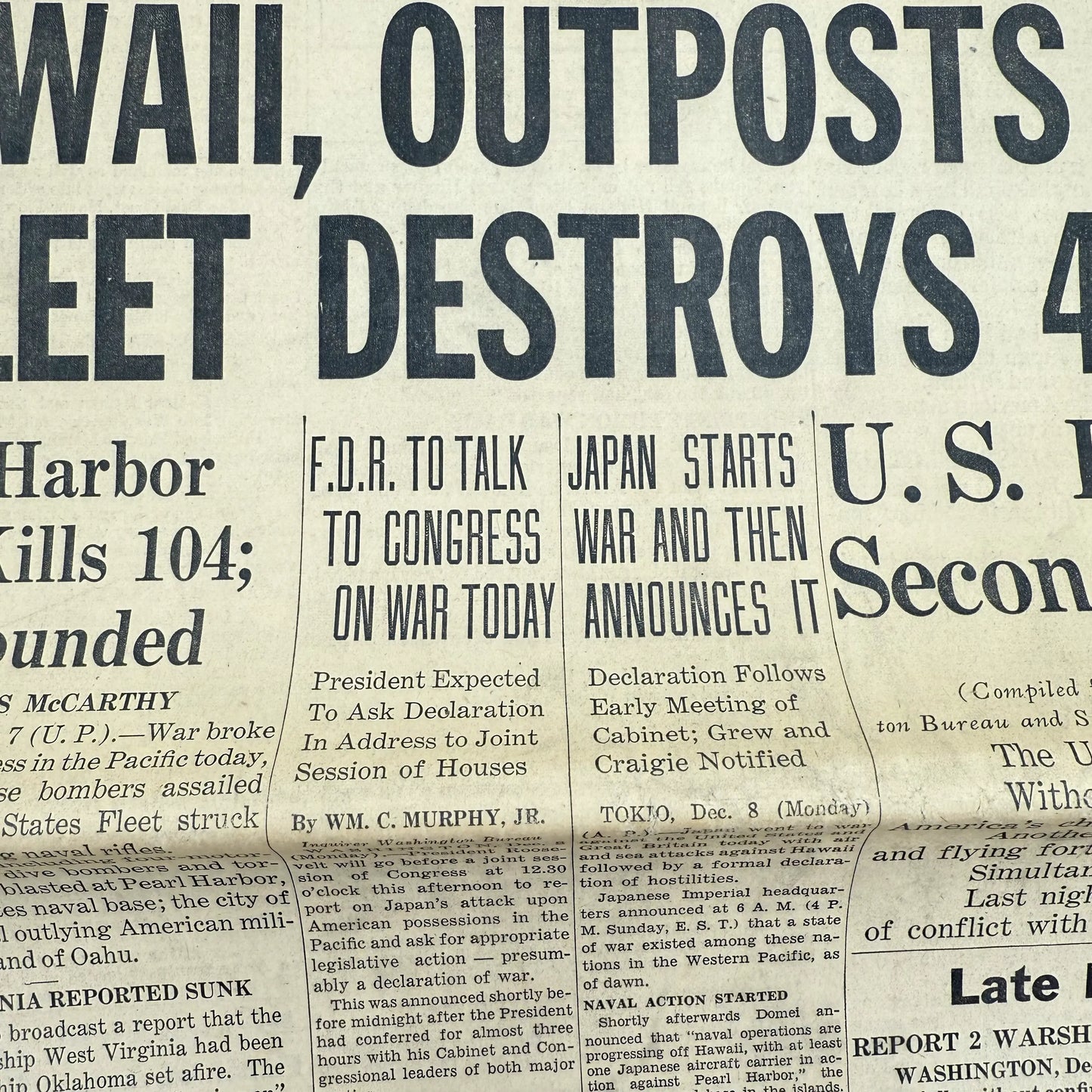 Pearl Harbor attack newspaper: Philadelphia Inquirer - December 8, 1941