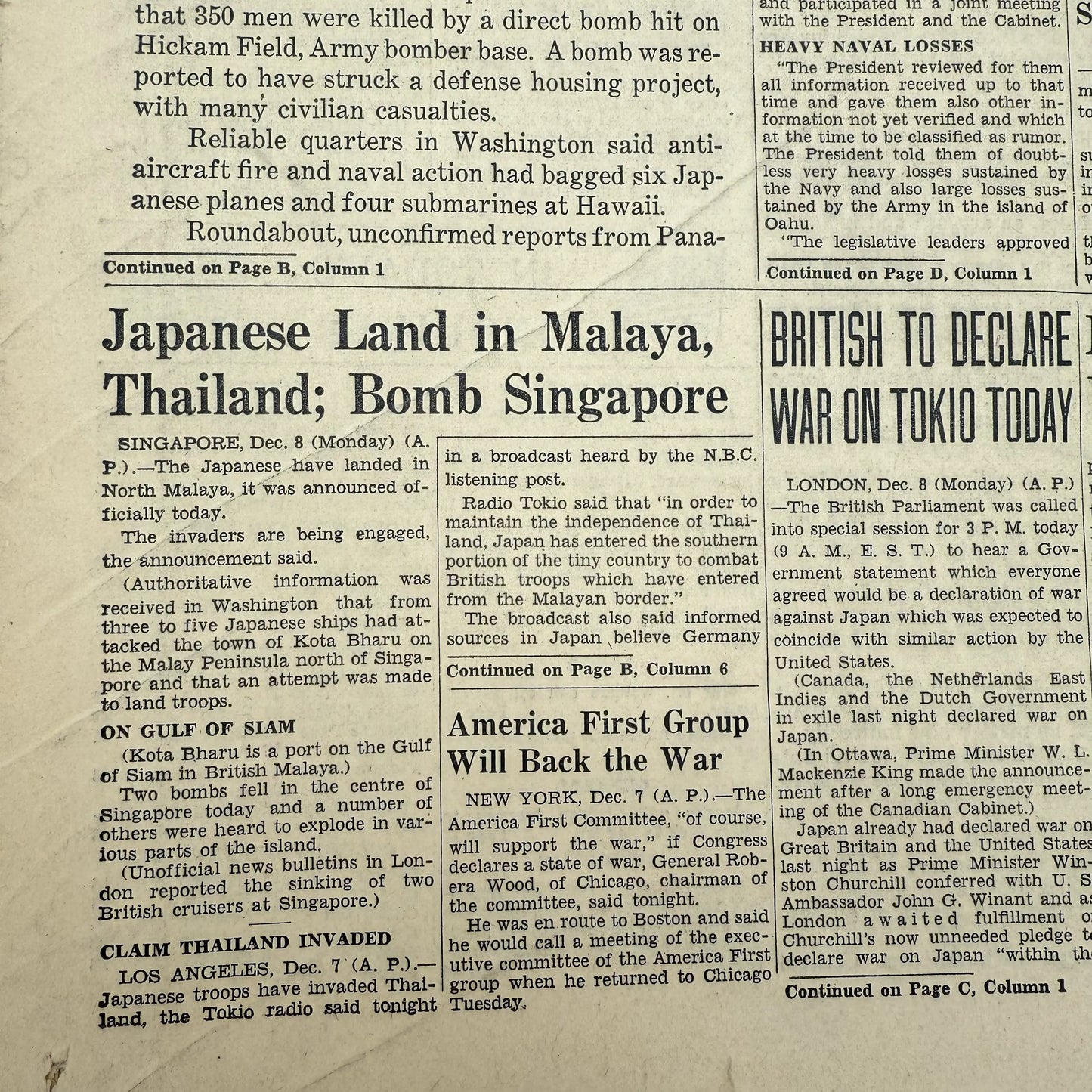 Pearl Harbor attack newspaper: Philadelphia Inquirer - December 8, 1941