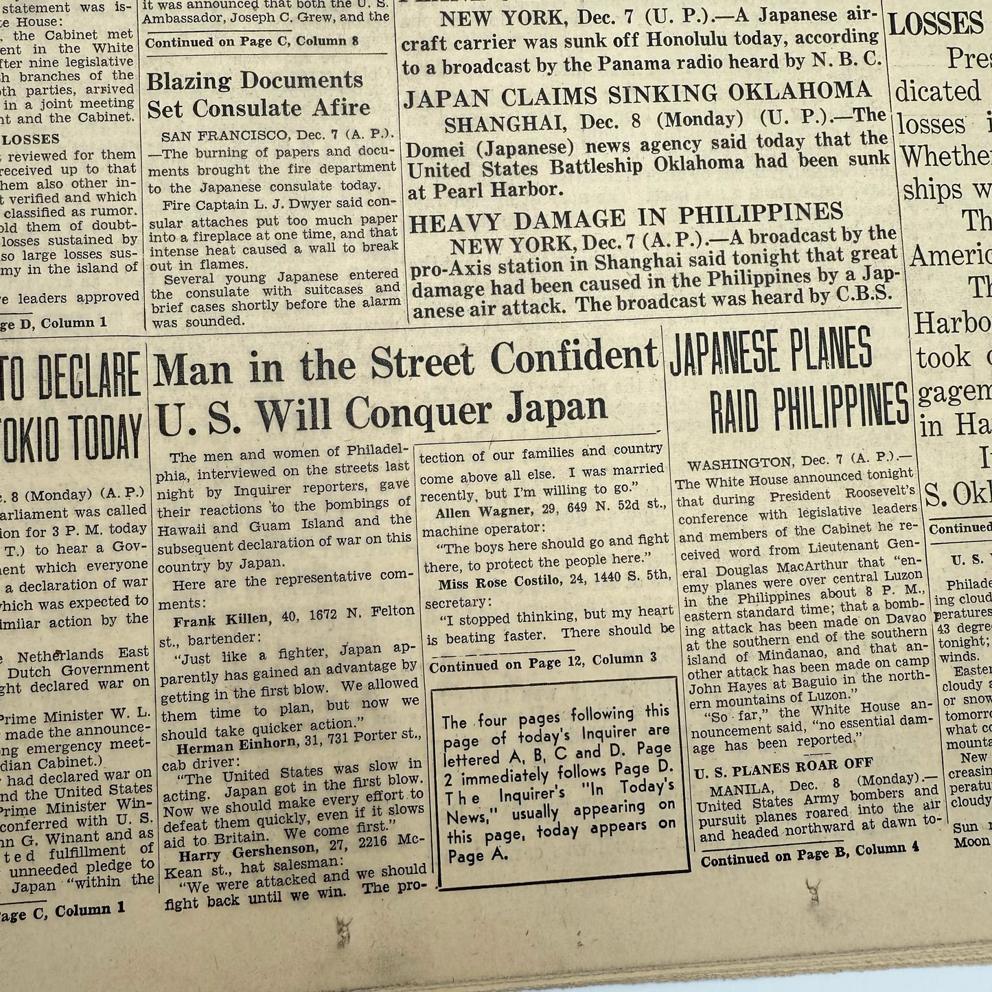 Pearl Harbor attack newspaper: Philadelphia Inquirer - December 8, 1941