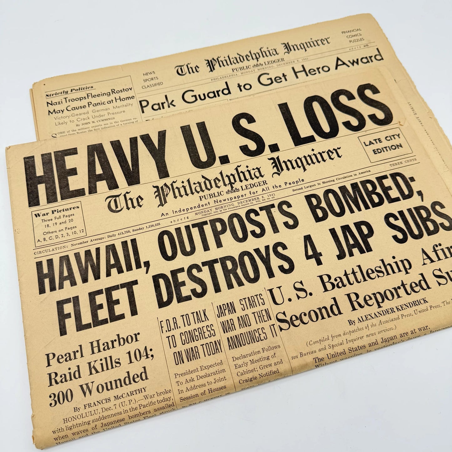 Pearl Harbor attack newspaper: Philadelphia Inquirer - December 8, 1941