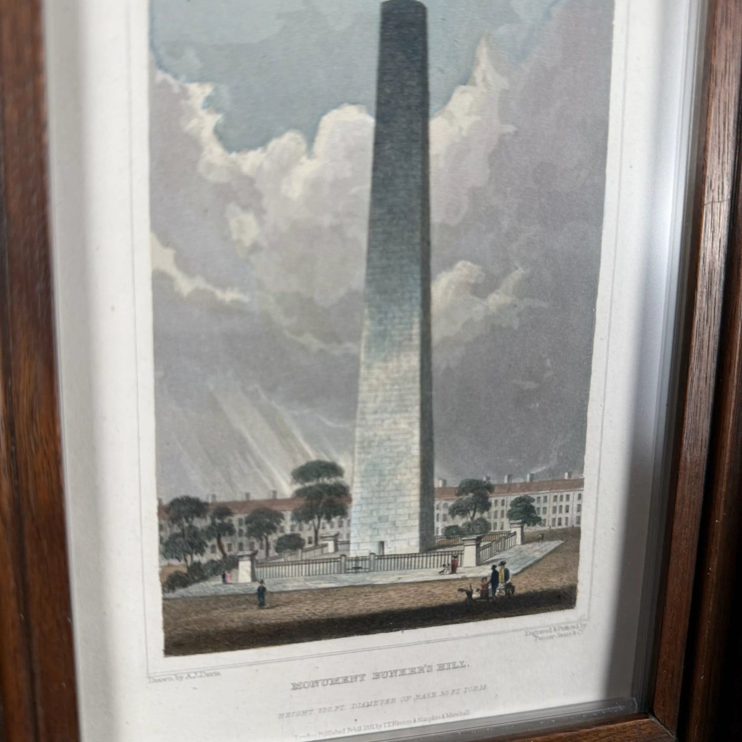 "Monument Bunker's Hill" — 1831 — Colored print in an antique frame