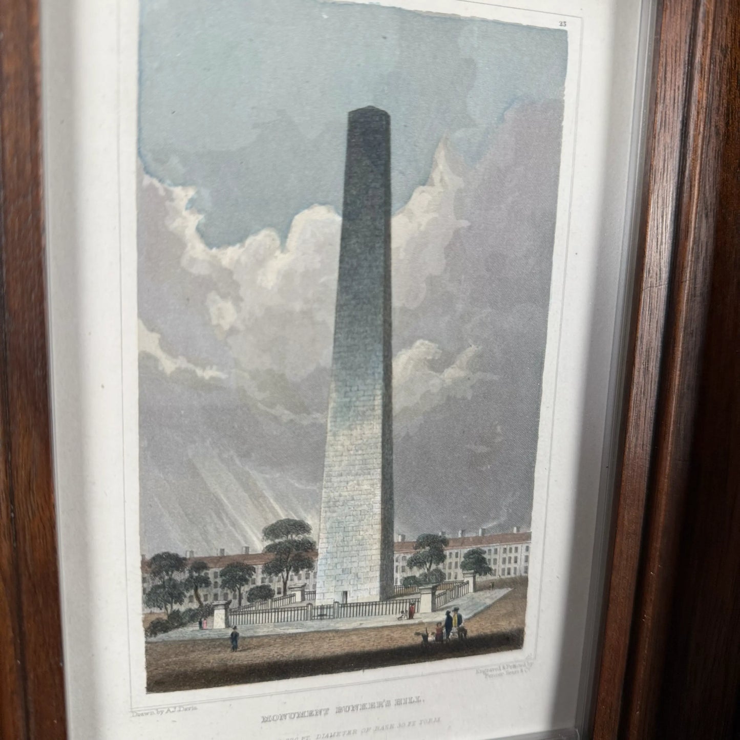 "Monument Bunker's Hill" — 1831 — Colored print in an antique frame