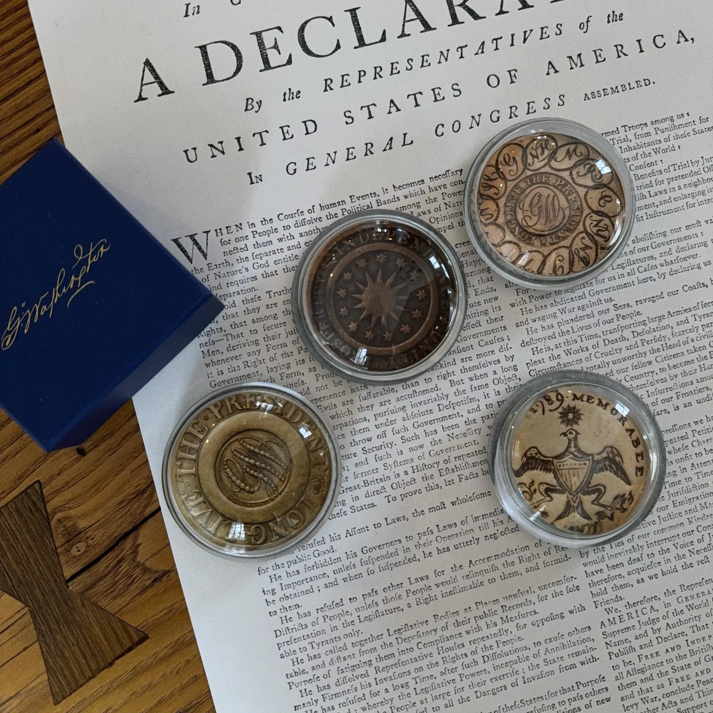 Washington Inaugural Button Glass Paperweights — Four designs — All Made in America