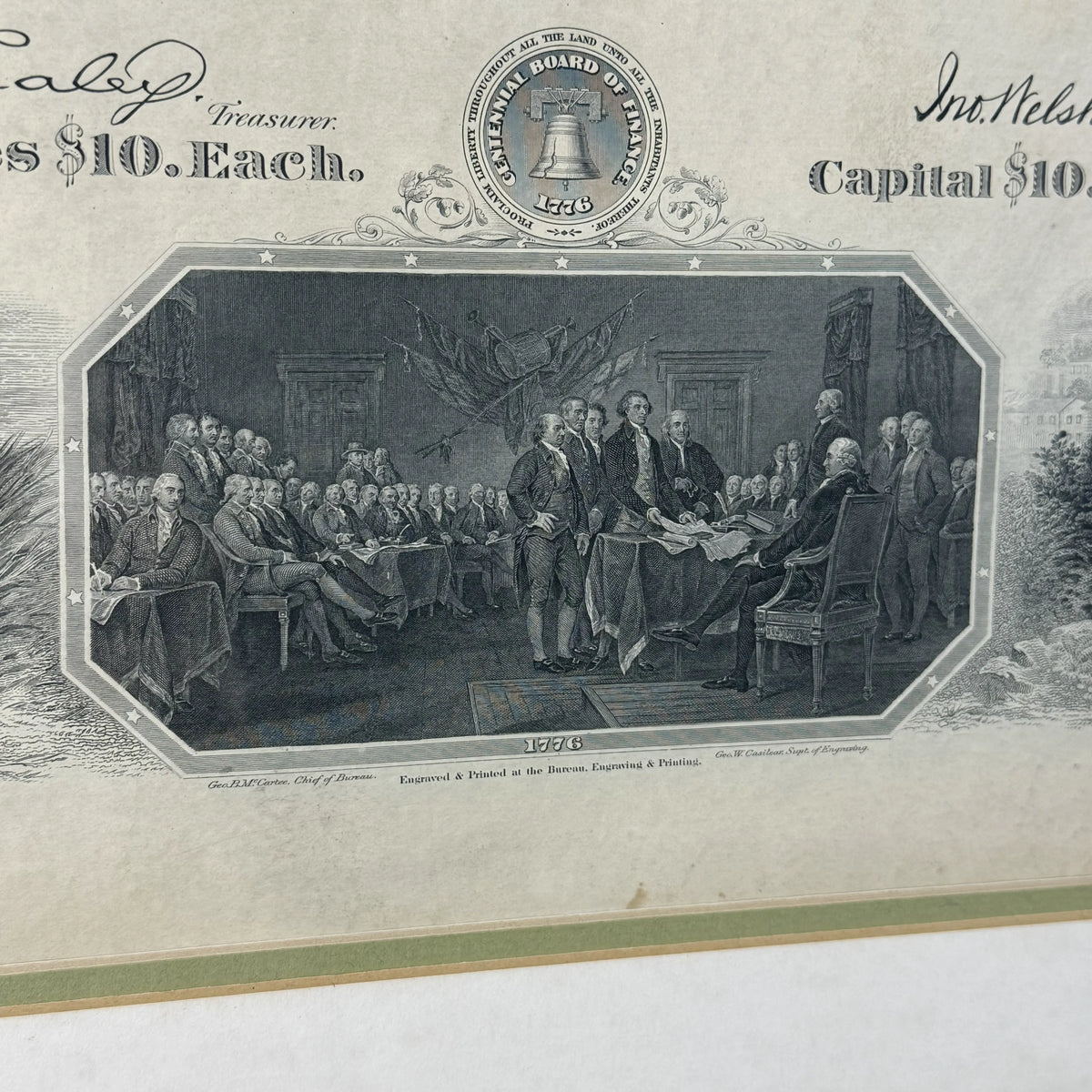 Stock Certificate for 1876 Centennial Exposition in Philadelphia — Framed