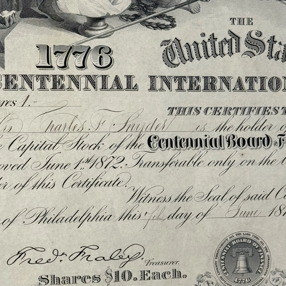 Stock Certificate for 1876 Centennial Exposition in Philadelphia — Framed