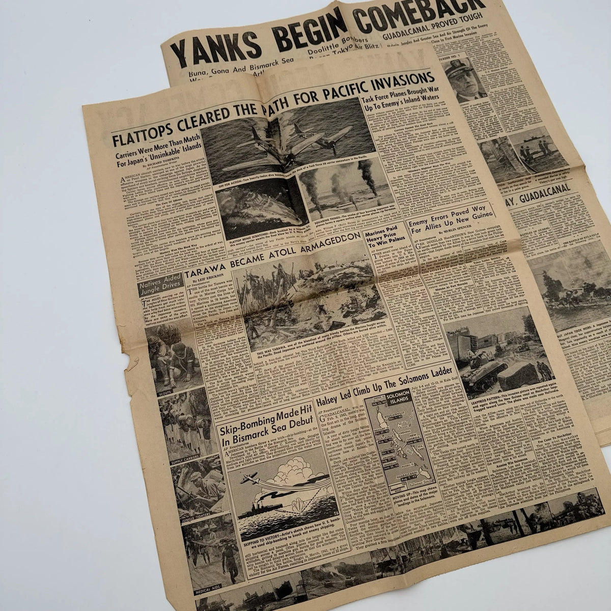 World War II Newspapers with major events of the war — Outbreak, Pearl Harbor, FDR Dies, V-E Day, atomic bomb dropped, more