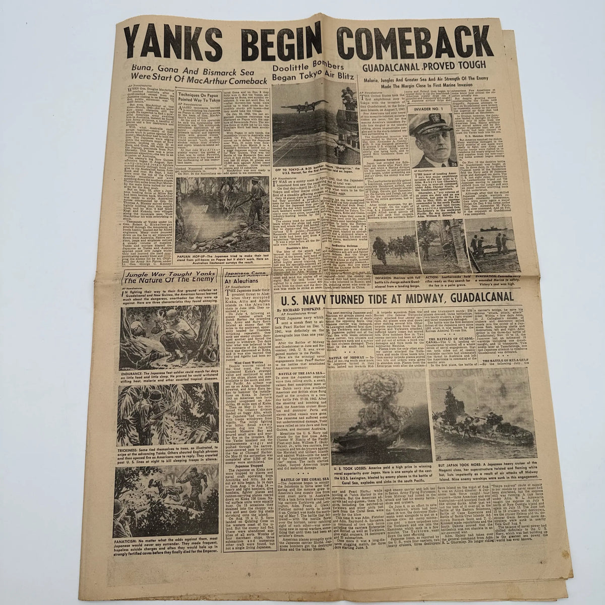 World War II Newspapers with major events of the war — Outbreak, Pearl Harbor, FDR Dies, V-E Day, atomic bomb dropped, more