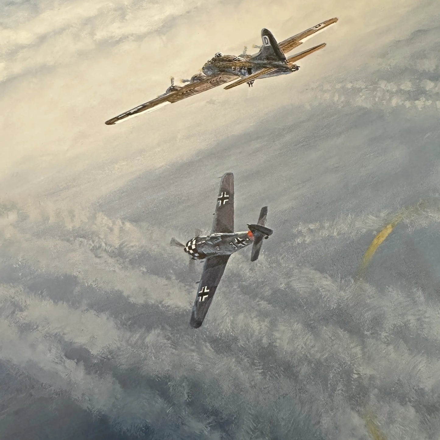 "The Hunter becomes the Hunted" WWII aviation print signed by both American and German pilots