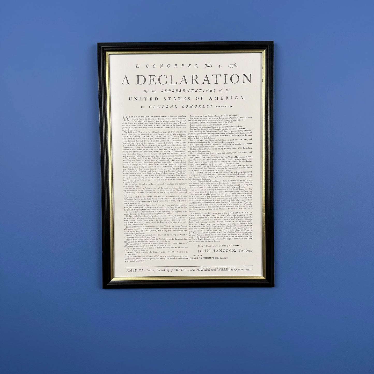 Framed "Declaration of Independence" Boston Broadside from the Printing Office of Edes & Gill in Boston