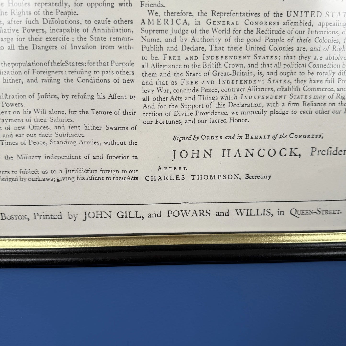 Framed "Declaration of Independence" Boston Broadside from the Printing Office of Edes & Gill in Boston