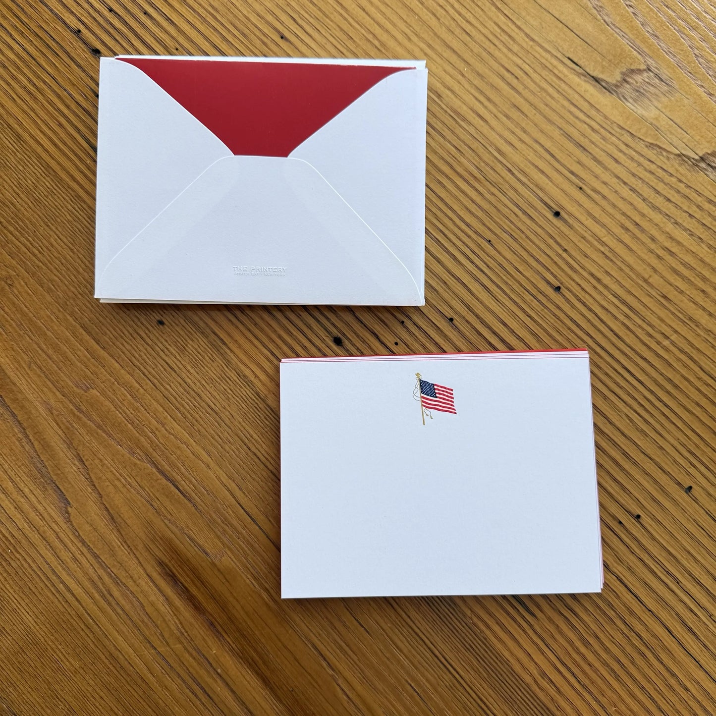 Engraved, embossed flag correspondence cards with lined envelopes — Made in America