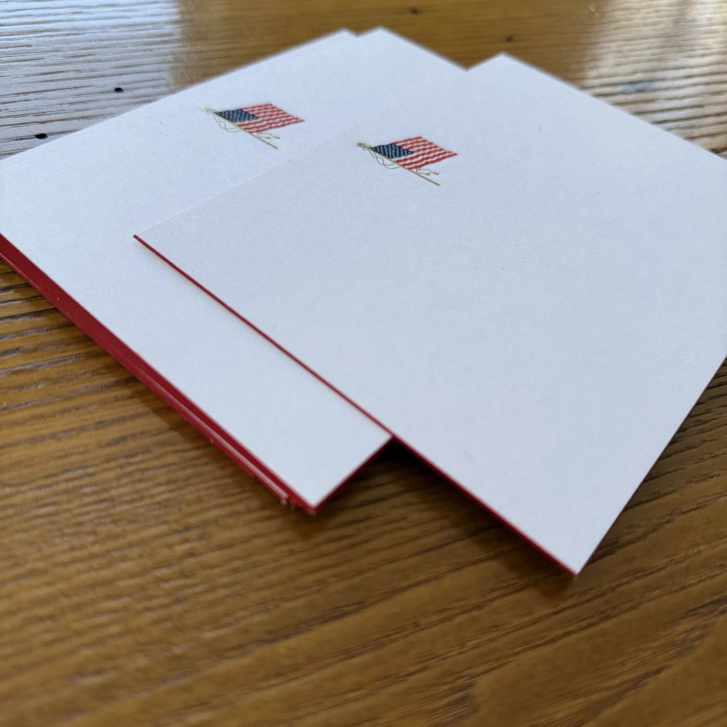 Engraved, embossed flag correspondence cards with lined envelopes — Made in America