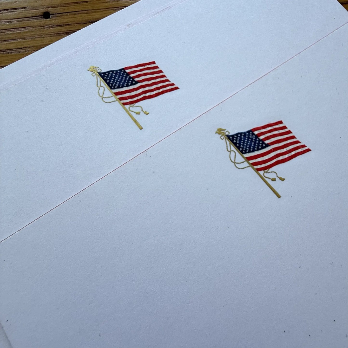 Engraved, embossed flag correspondence cards with lined envelopes — Made in America