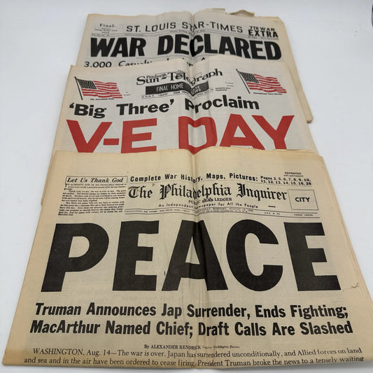 Three WWII newspapers —War Declared, V-E Day, Peace